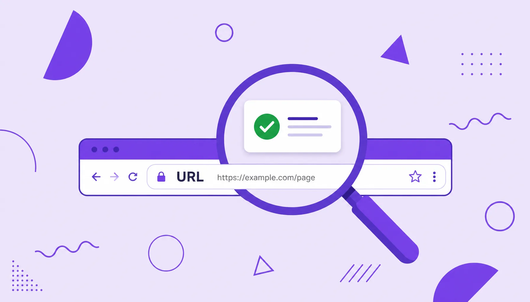 Ilustração de uma lupa sobre uma barra de endereço mostrando um cartão de status de indexação, representando a inspeção de URL.