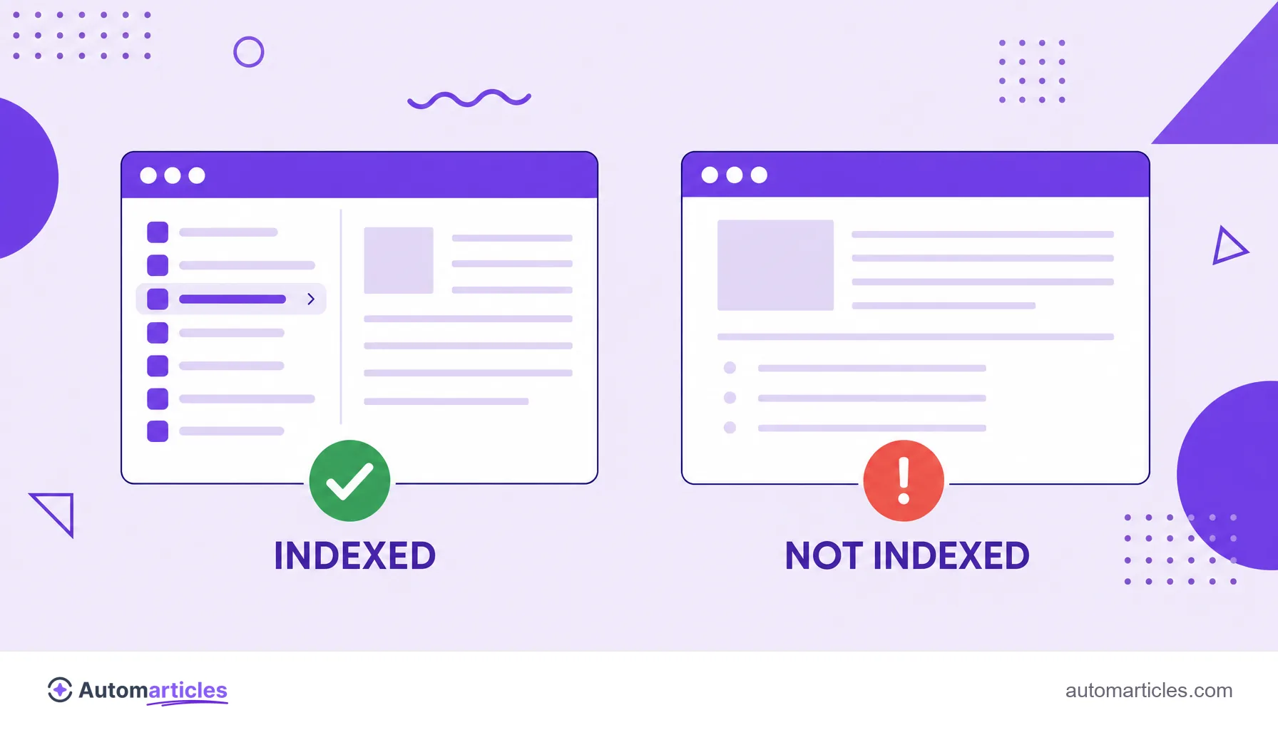 Illustration comparing an indexed page with a green check and a not indexed page with a warning.