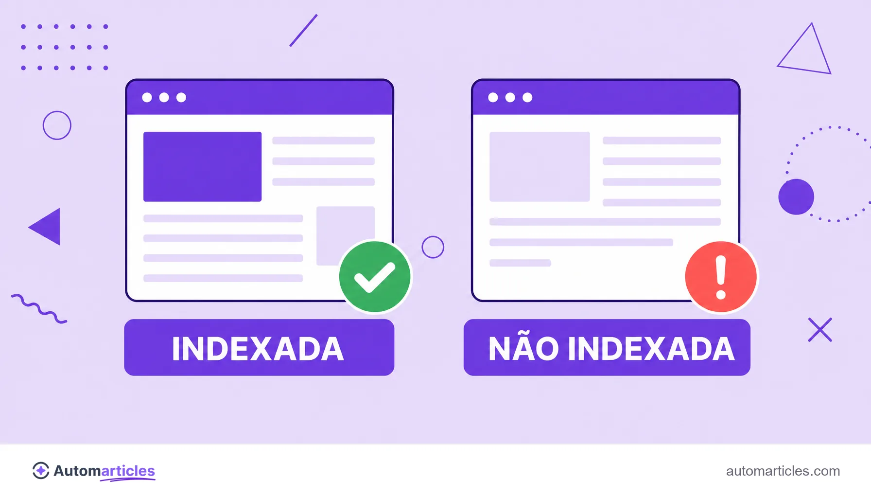 Ilustração comparando uma página indexada com um check verde e uma página não indexada com um alerta.