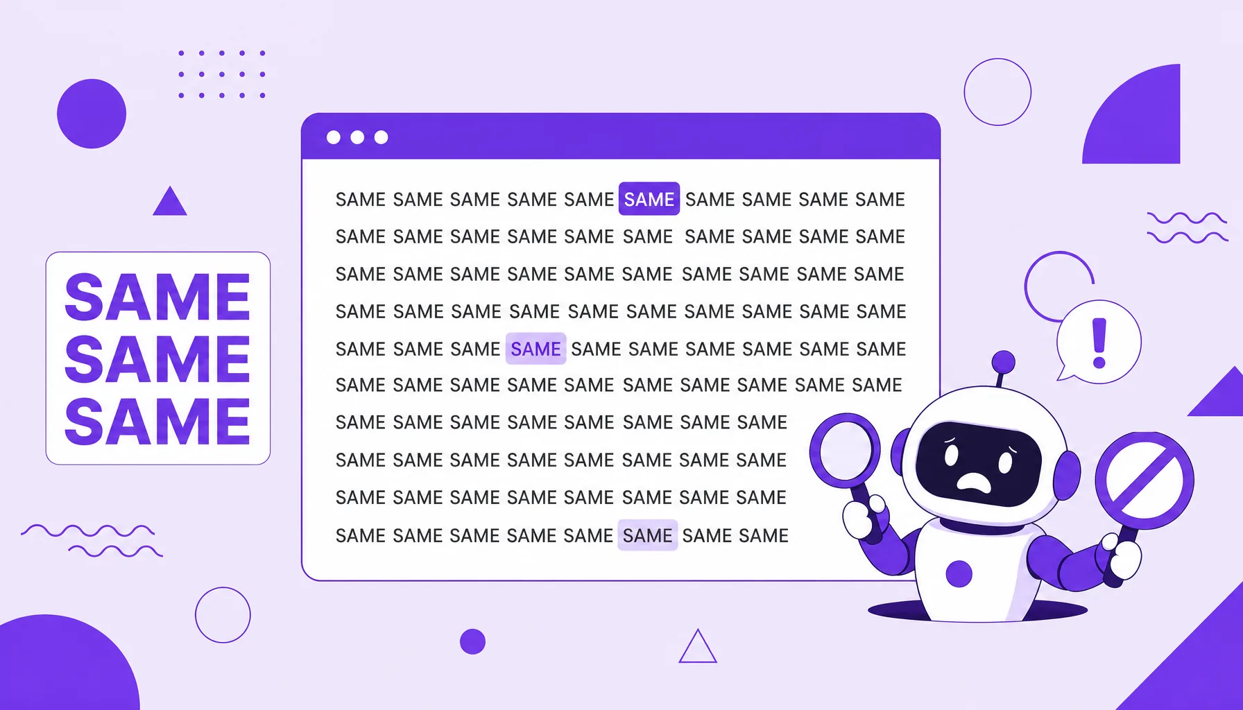 Illustration of a web page filled with the same keyword repeated several times, with a search robot showing an alert sign.
