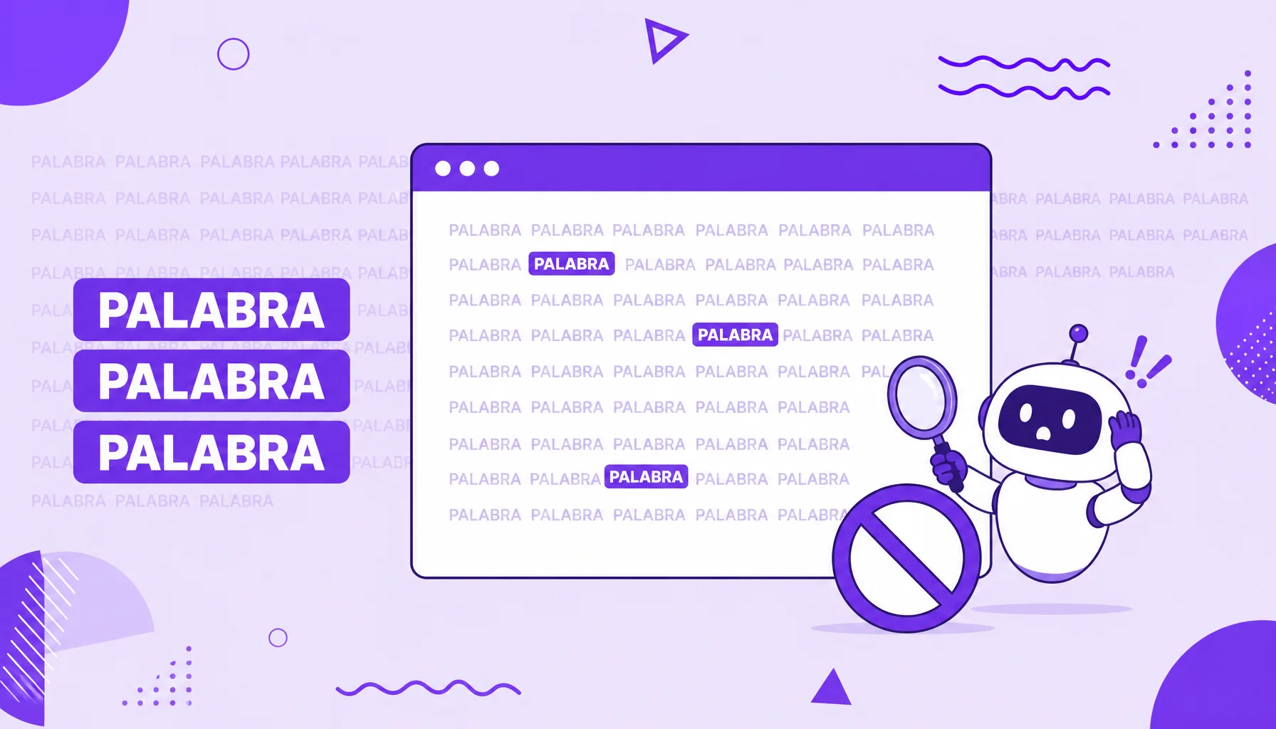Ilustración de una página web llena de la misma palabra clave repetida varias veces, con un robot de búsqueda que muestra una señal de alerta.