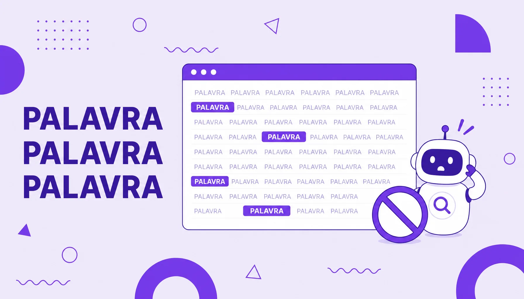 Ilustração de uma página web preenchida pela mesma palavra-chave repetida várias vezes, com um robô de busca exibindo um sinal de alerta.