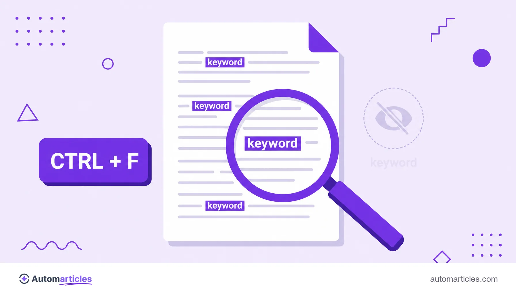 Illustration of a magnifying glass over a document highlighting repetitions of the same keyword, representing a keyword stuffing audit.