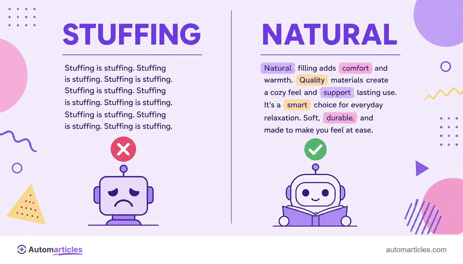 Infographic comparing keyword stuffing, with the same word repeated in excess, and natural writing, with the main term and variations balanced.