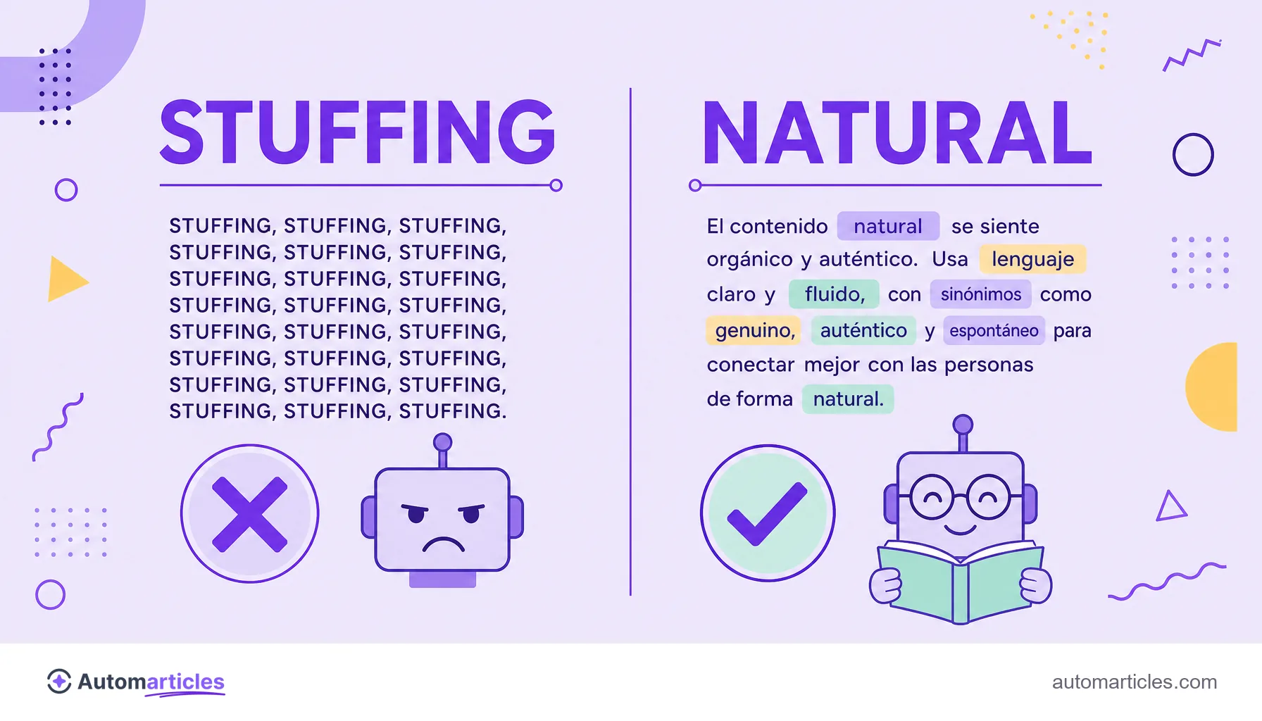 Infografía que compara el keyword stuffing, con la misma palabra repetida en exceso, y la escritura natural, con el término principal y variaciones equilibrados.
