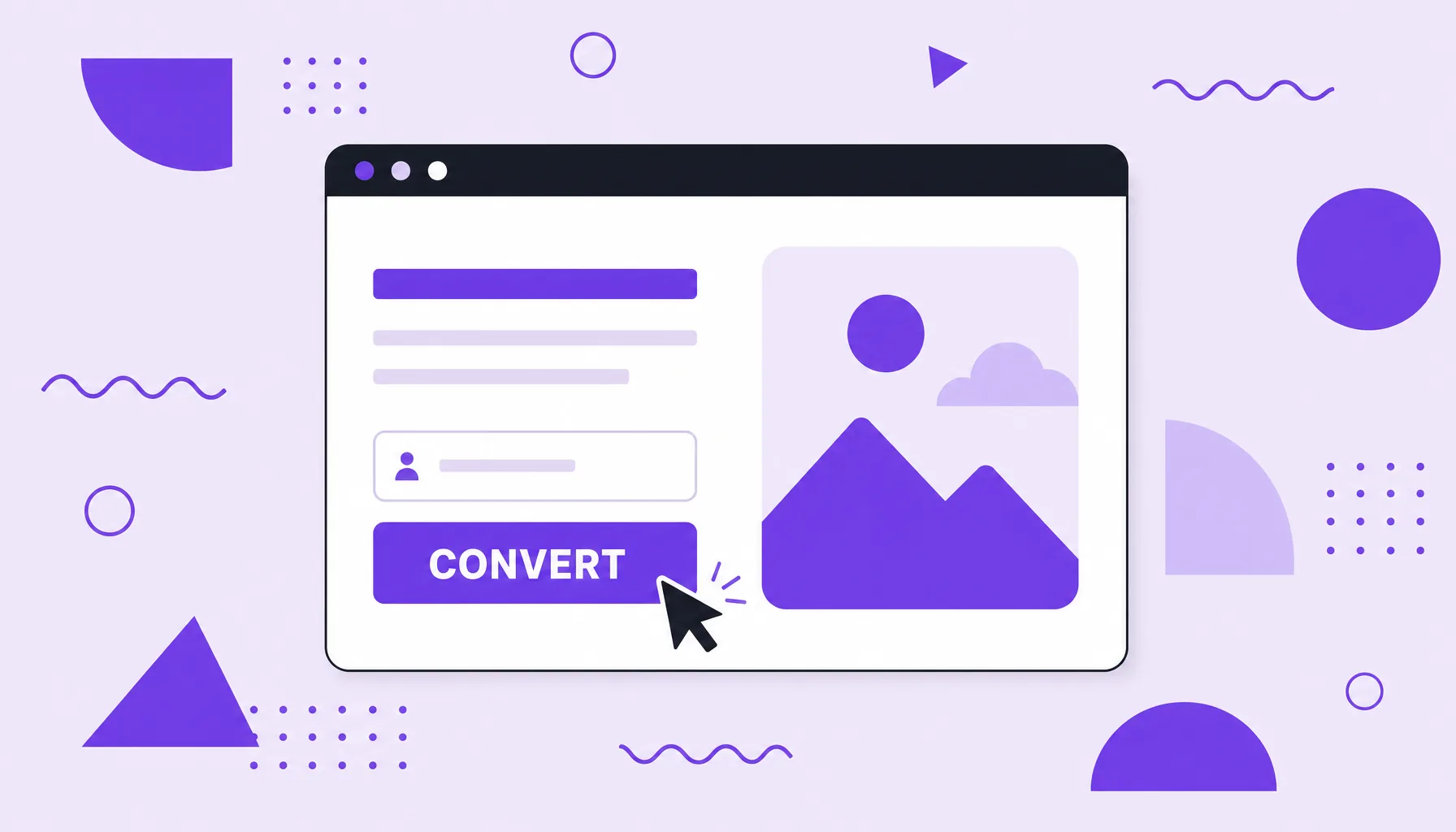 Illustration of a browser window with a simple landing page, headline, form and a highlighted conversion button.