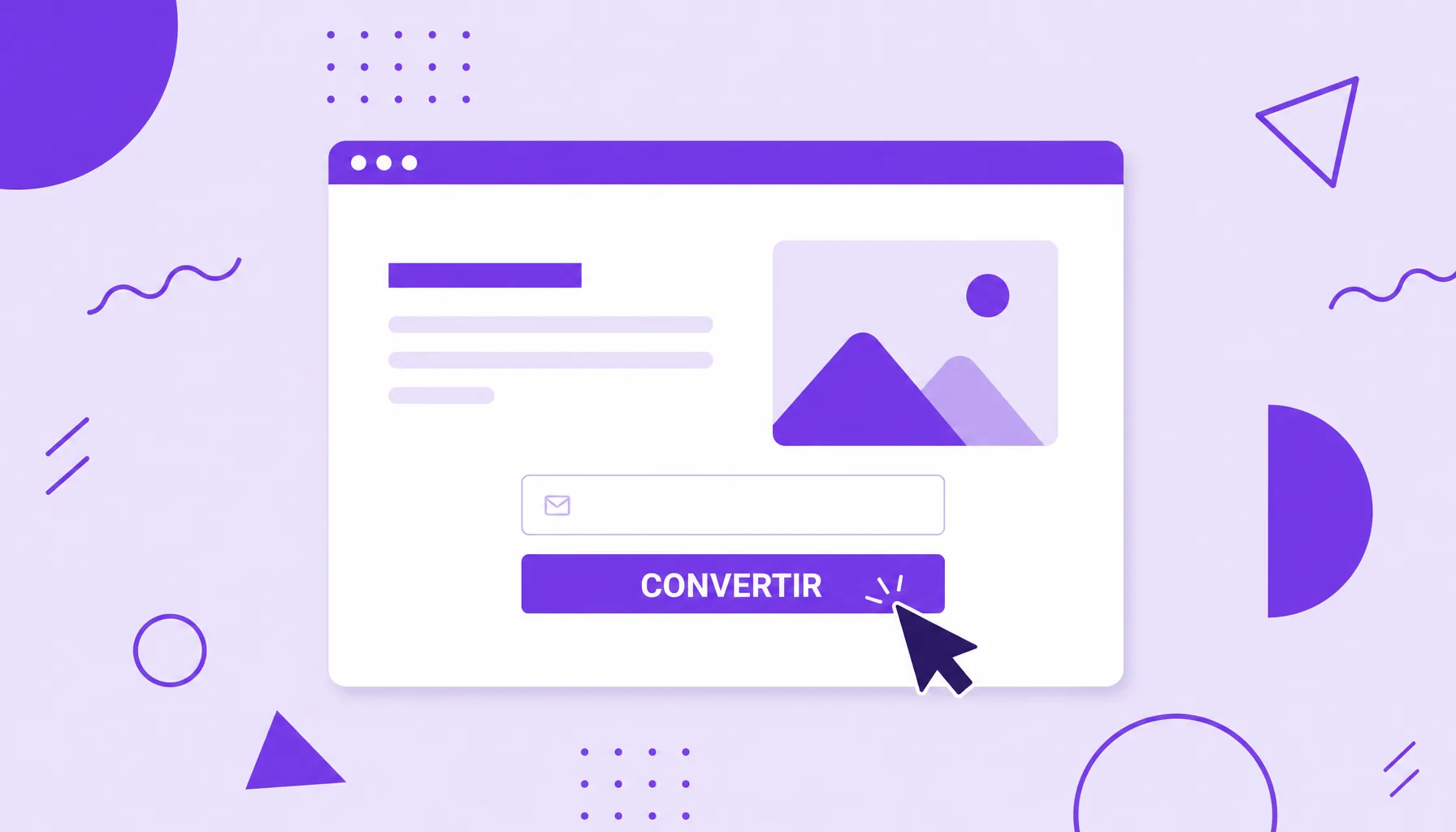 Ilustración de una ventana de navegador con una landing page simple, título, formulario y botón de conversión destacado.