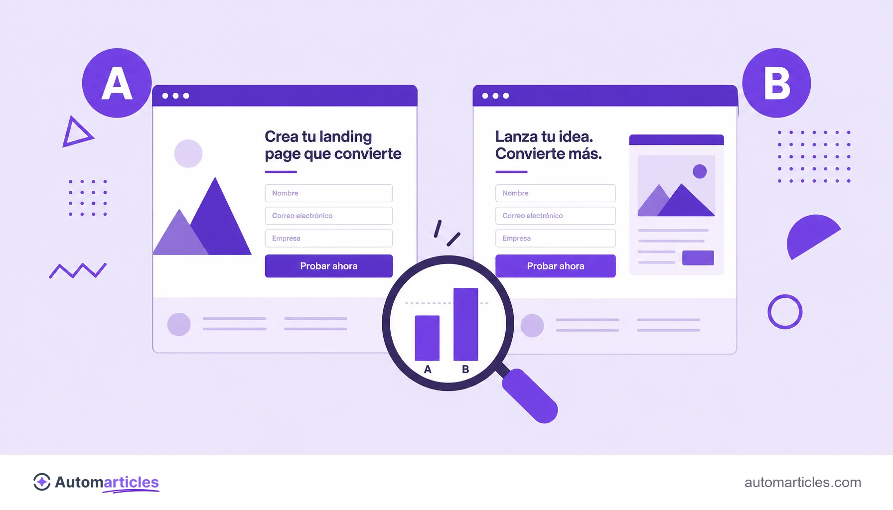 Ilustración de un test A/B entre dos versiones de una landing page que compara cuál convierte mejor.