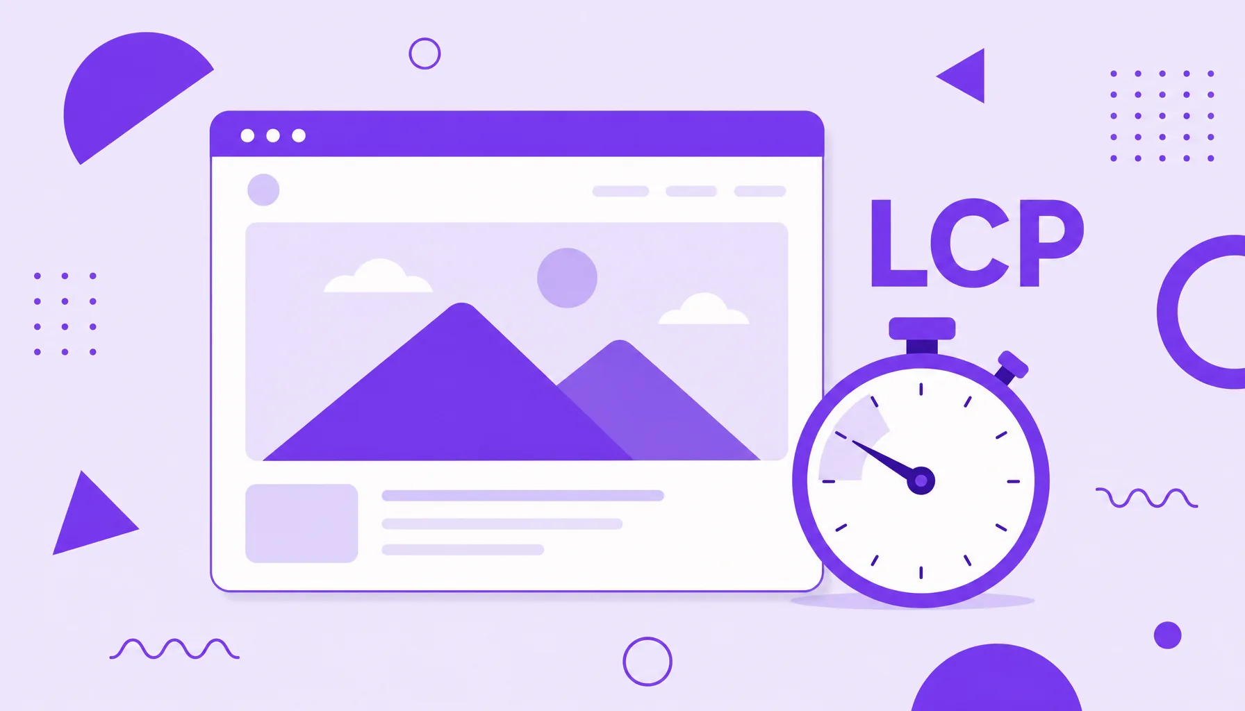 Illustration of a browser window loading the main image with a stopwatch, representing LCP.