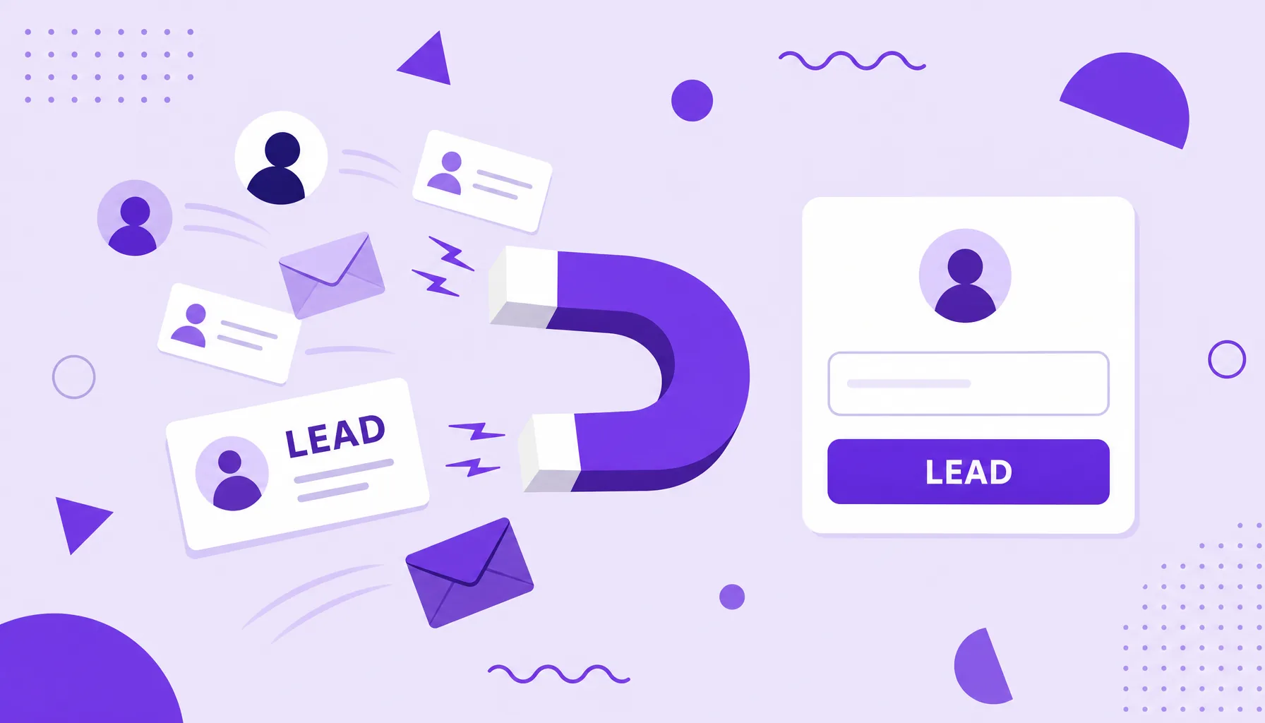 Illustration of a magnet attracting people and contact cards toward a form, representing lead capture.