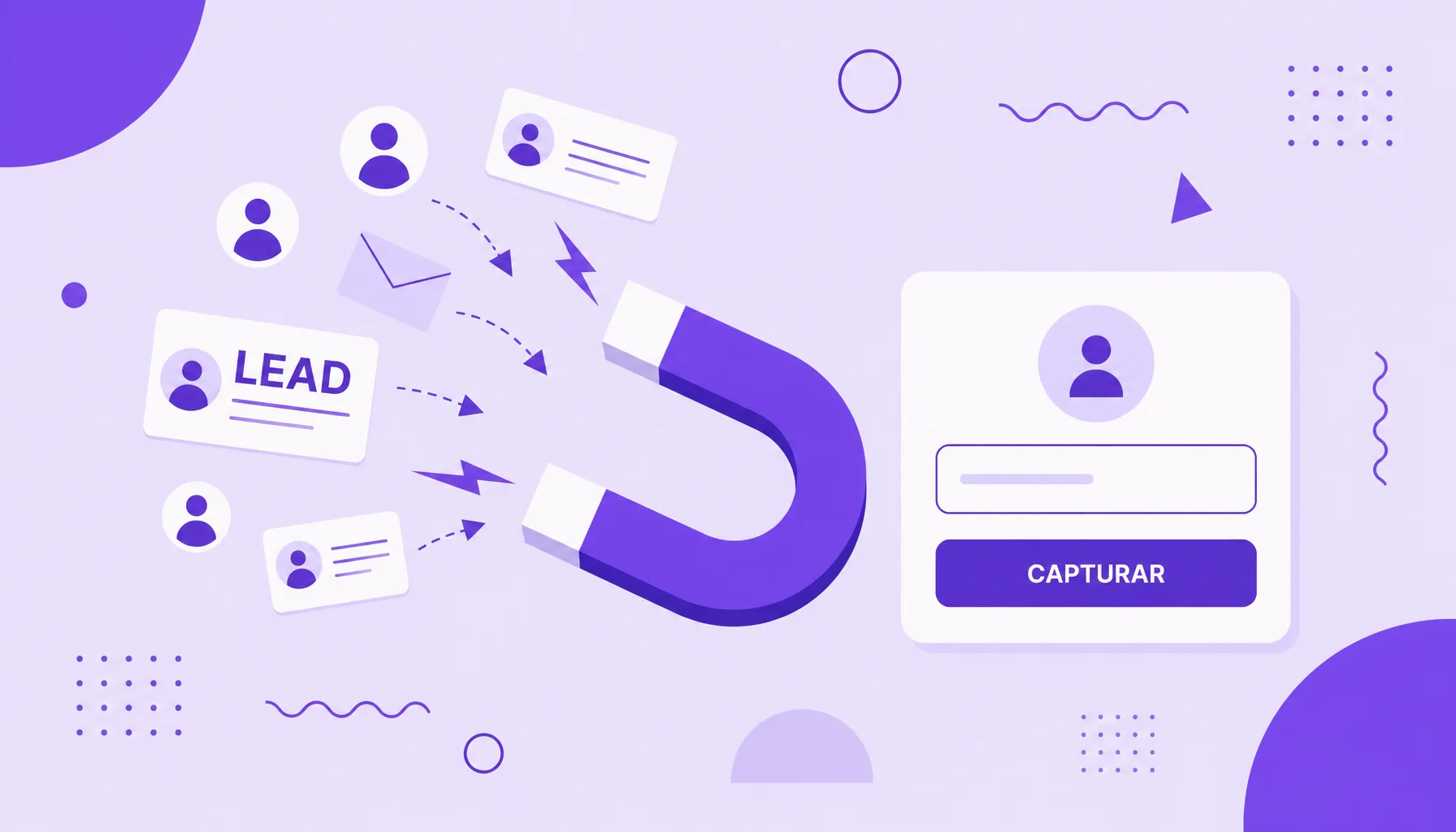 Ilustración de un imán que atrae personas y tarjetas de contacto hacia un formulario, que representa la captura de leads.