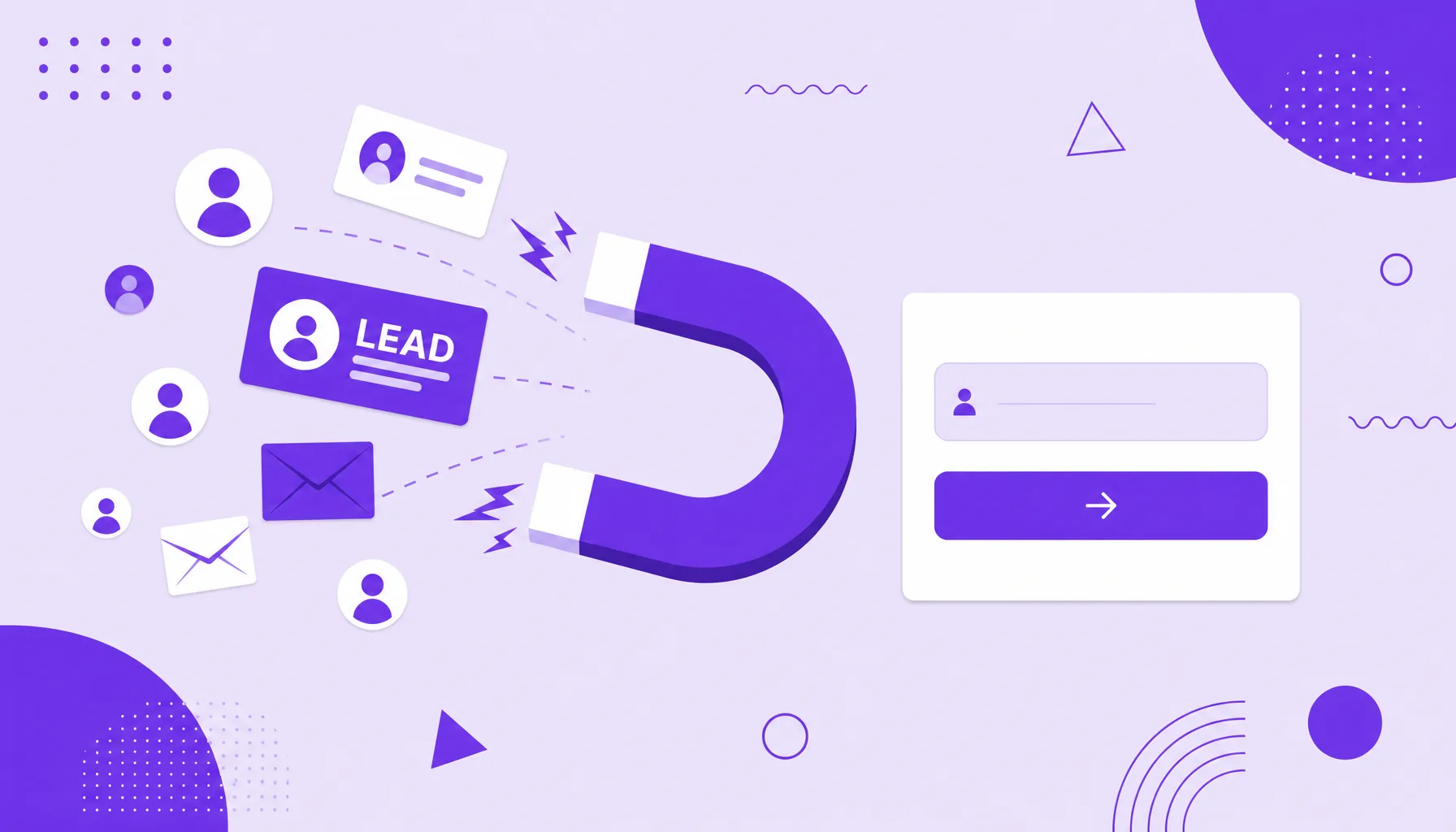 Ilustração de um ímã atraindo pessoas e cartões de contato para um formulário, representando a captura de leads.