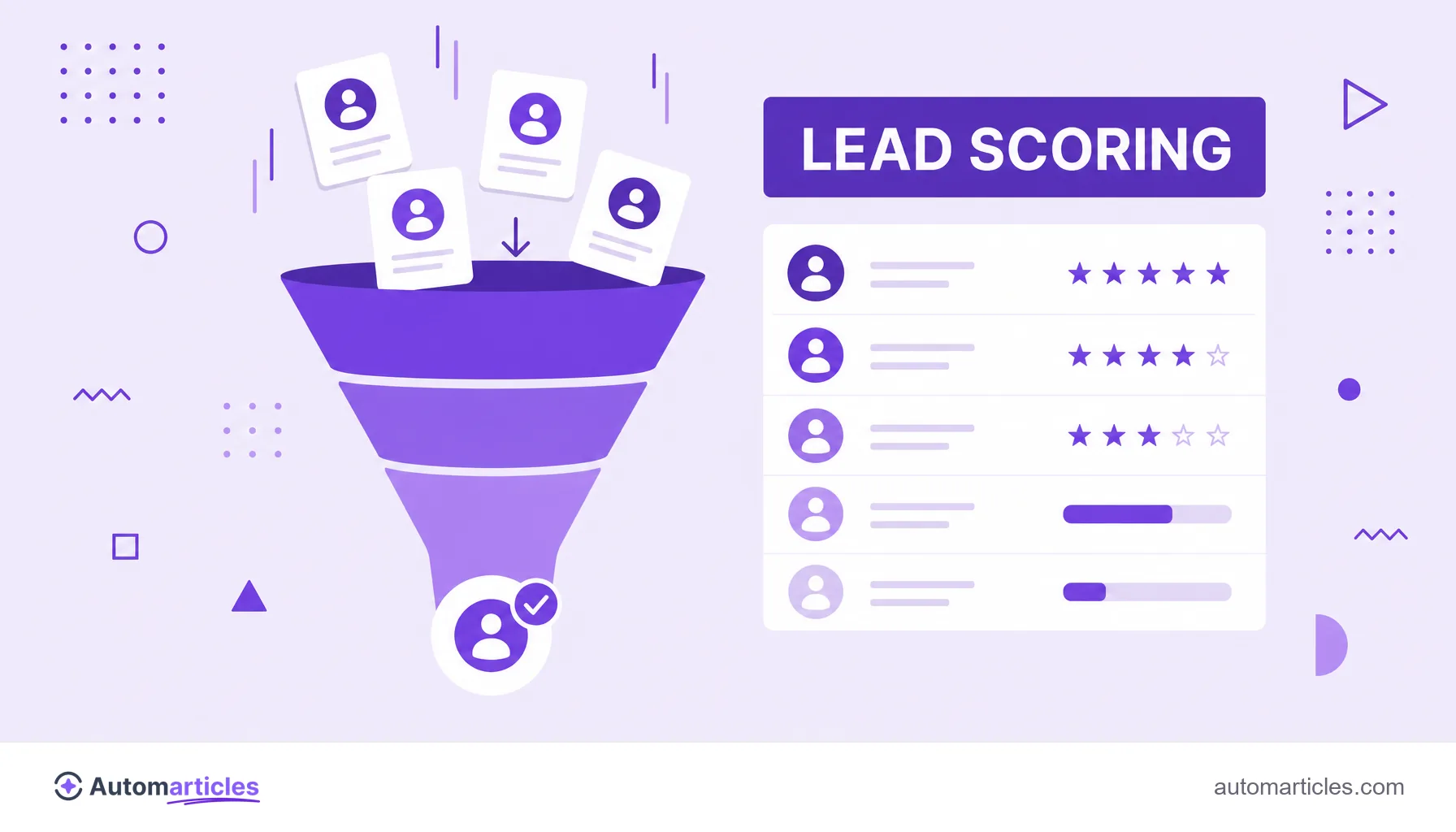 Ilustración de un embudo con tarjetas de contacto y un panel de lead scoring que puntúa los leads más maduros.
