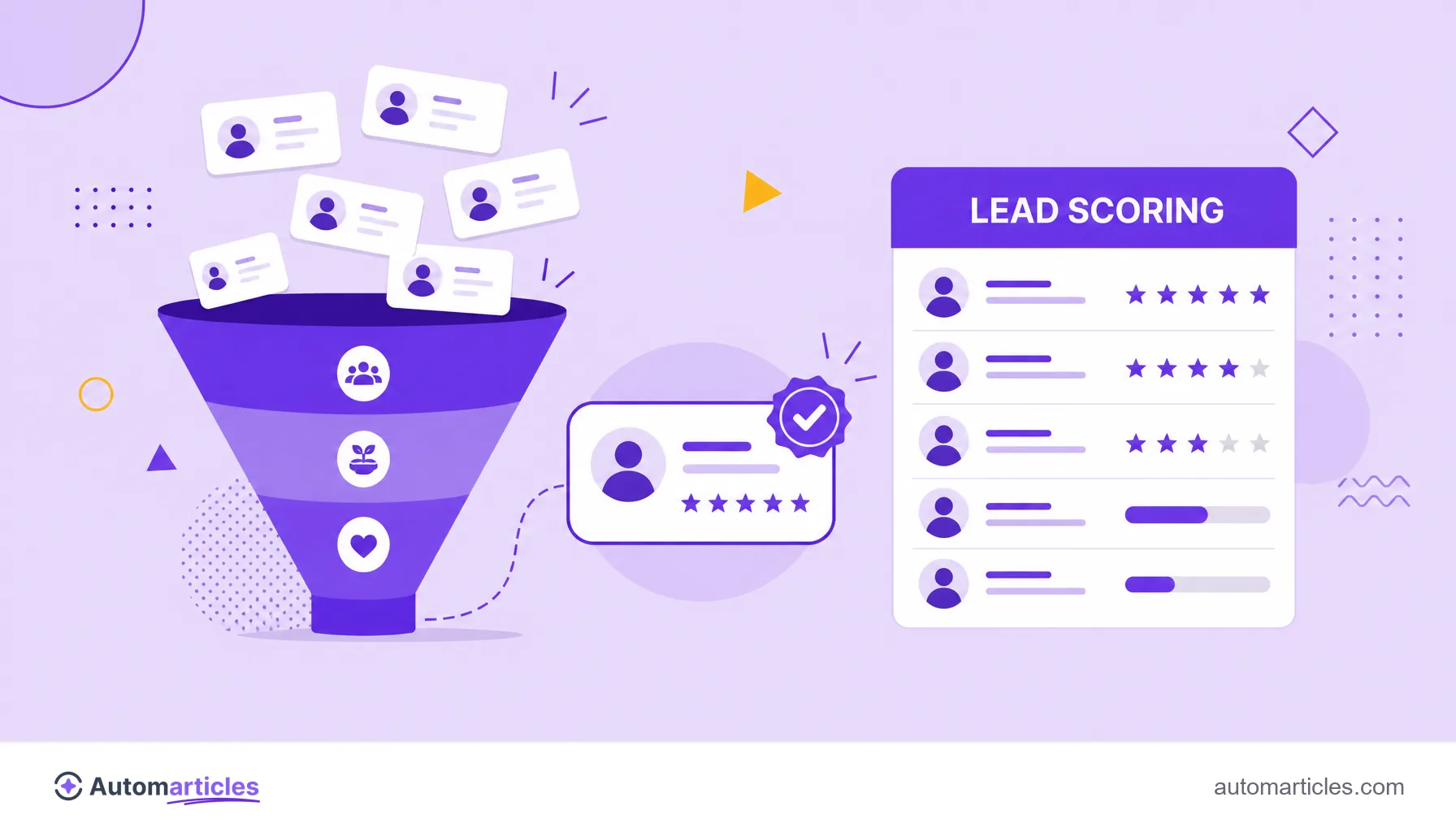Ilustração de um funil com cartões de contato e um painel de lead scoring pontuando os leads mais maduros.