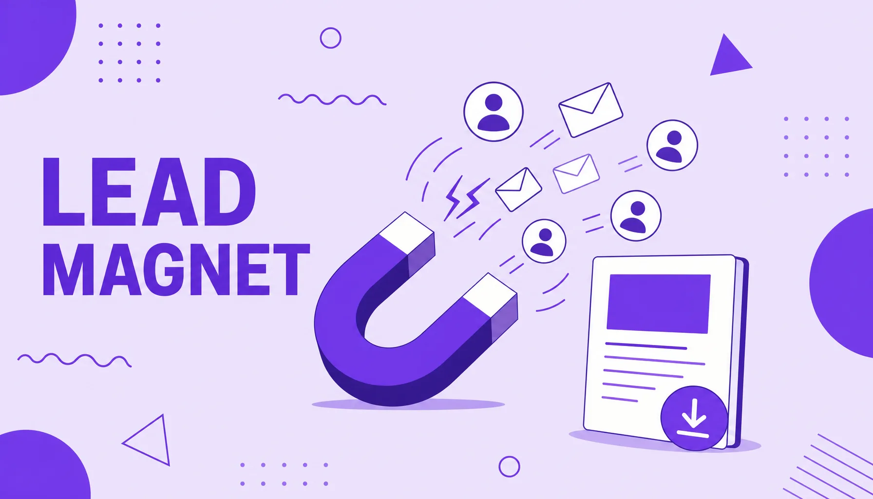 Ilustración de un imán que atrae sobres de correo e iconos de personas, que representa un lead magnet.