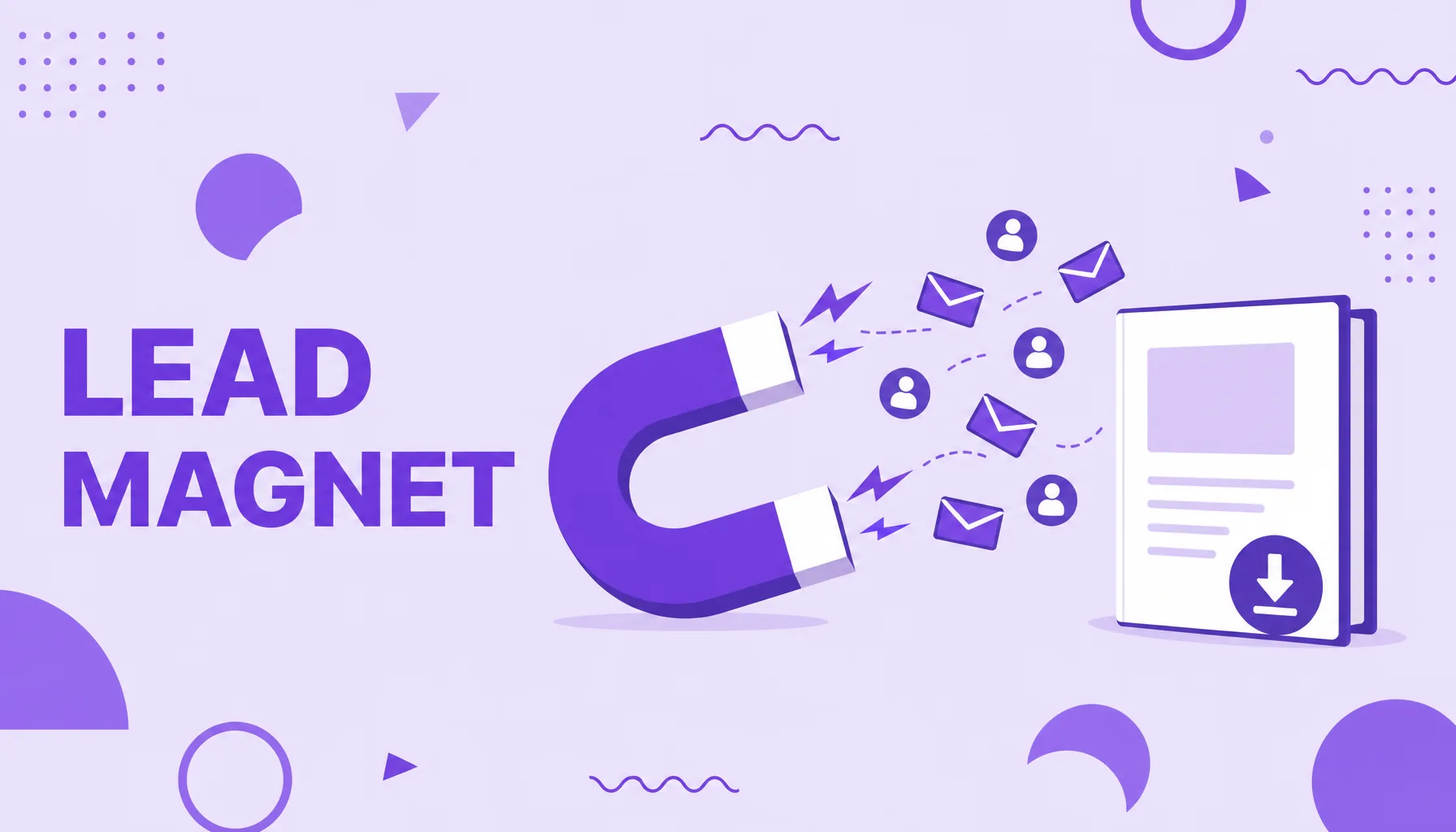 Ilustração de um ímã atraindo envelopes de e-mail e ícones de pessoas, representando um lead magnet.