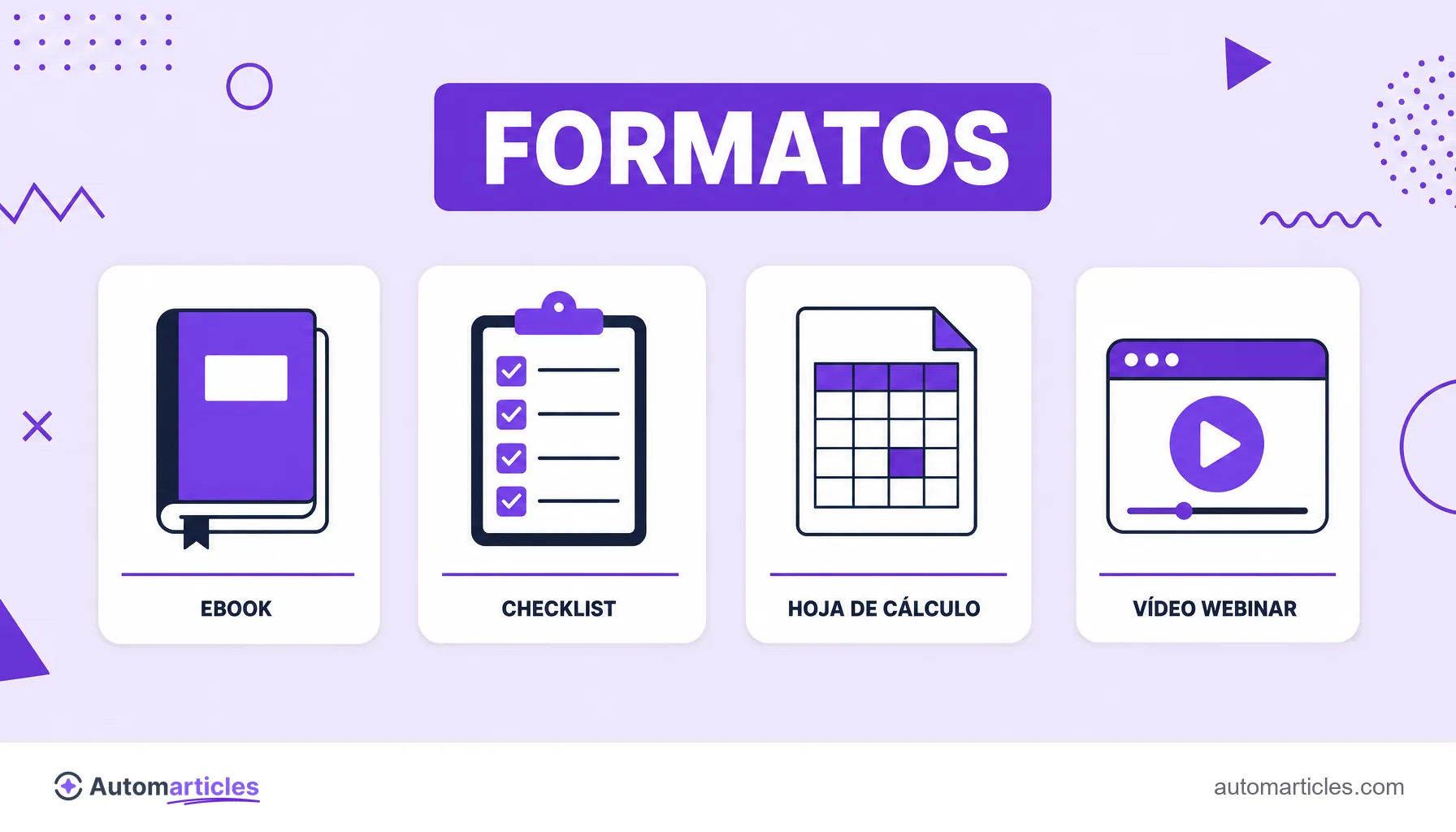 Ilustración de cuatro formatos de lead magnet: ebook, checklist, hoja de cálculo y webinar.
