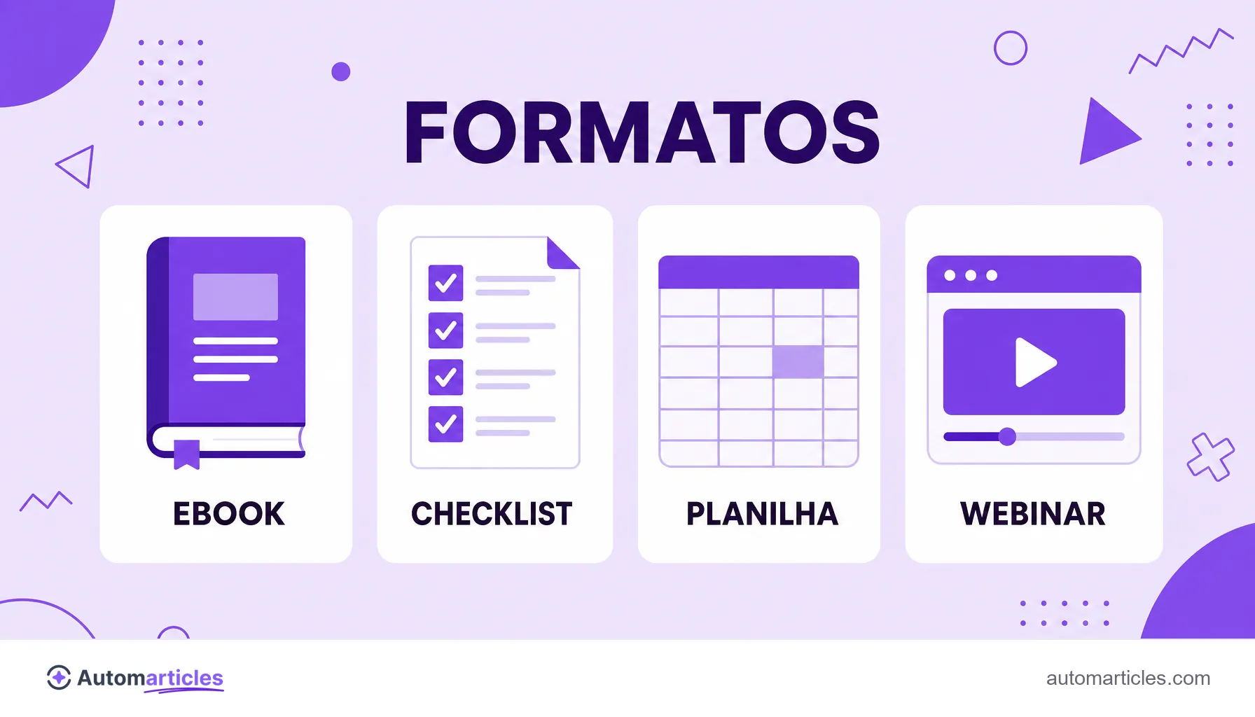 Ilustração de quatro formatos de lead magnet: ebook, checklist, planilha e webinar.