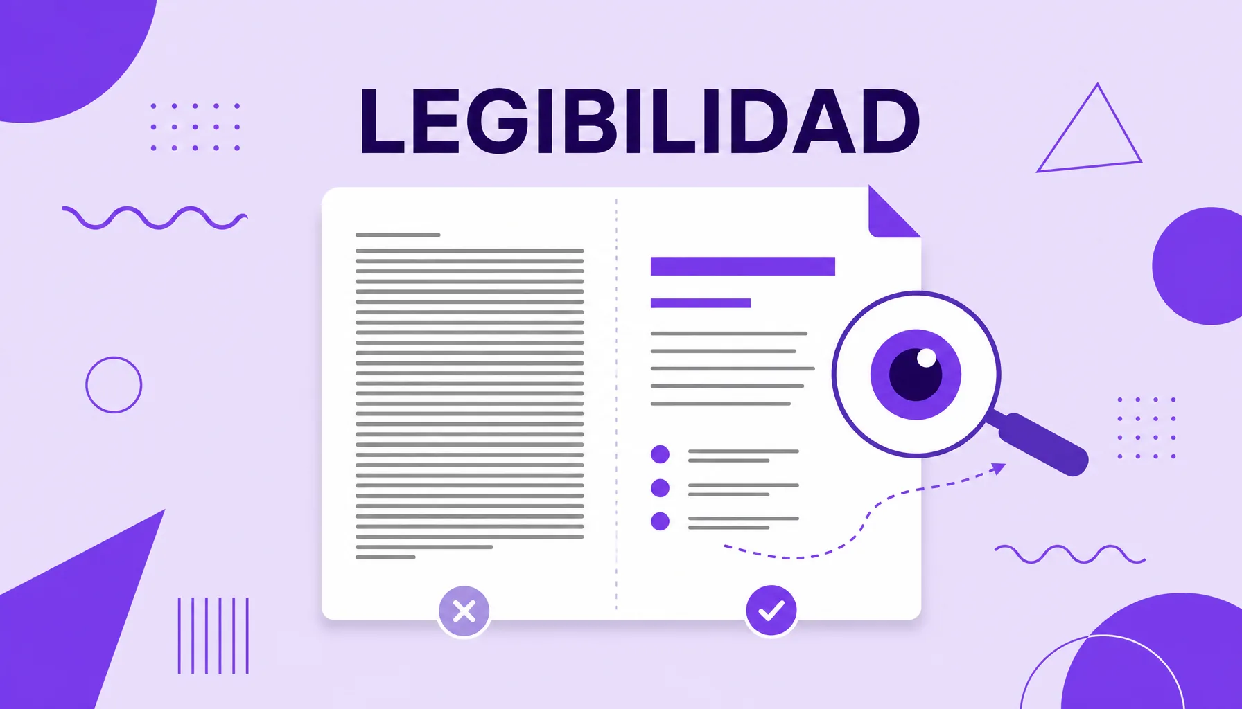 Ilustración de una página dividida entre un texto denso y un texto organizado y legible, que representa la legibilidad.
