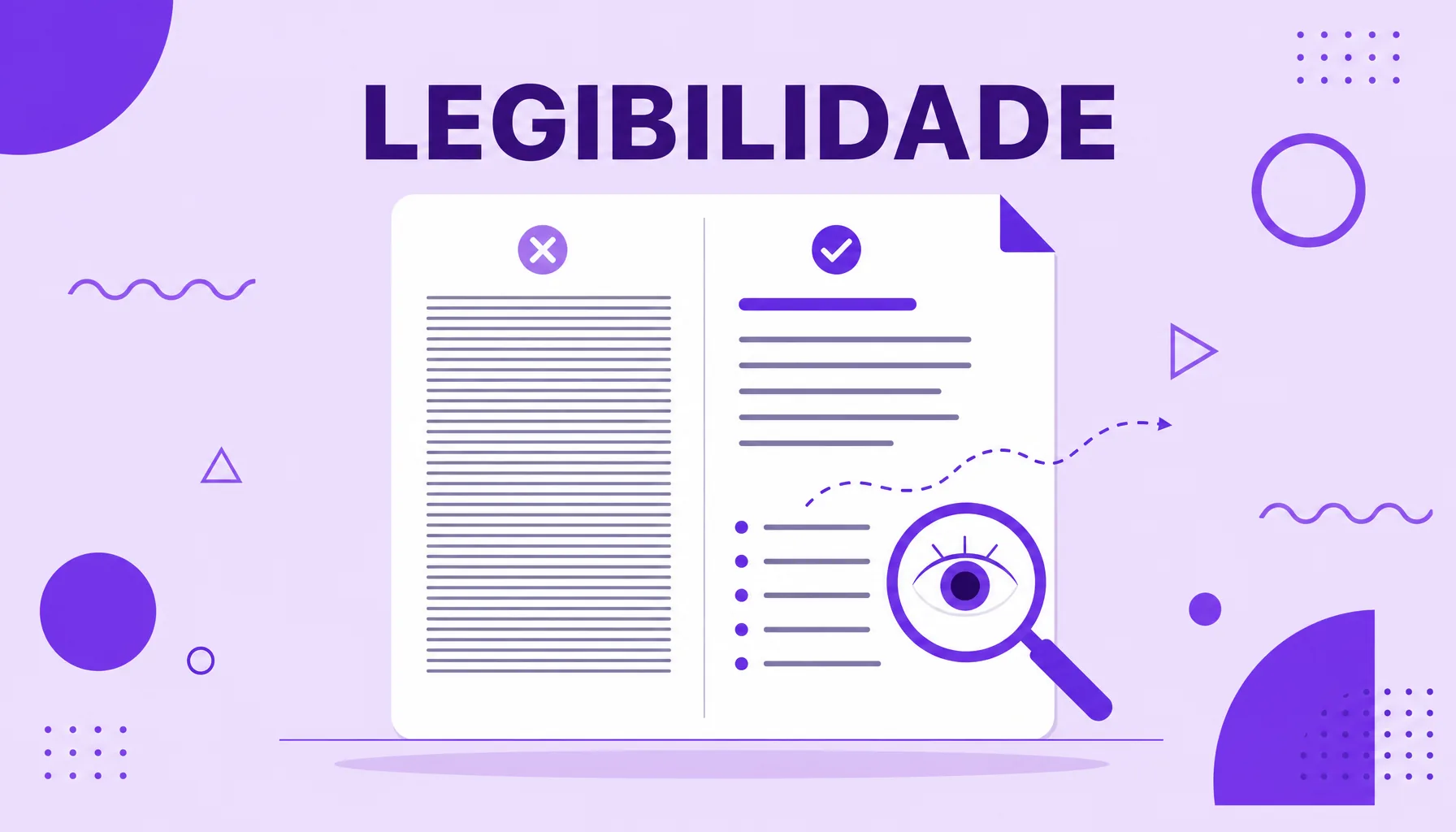 Ilustração de uma página dividida entre um texto denso e um texto organizado e legível, representando a legibilidade.
