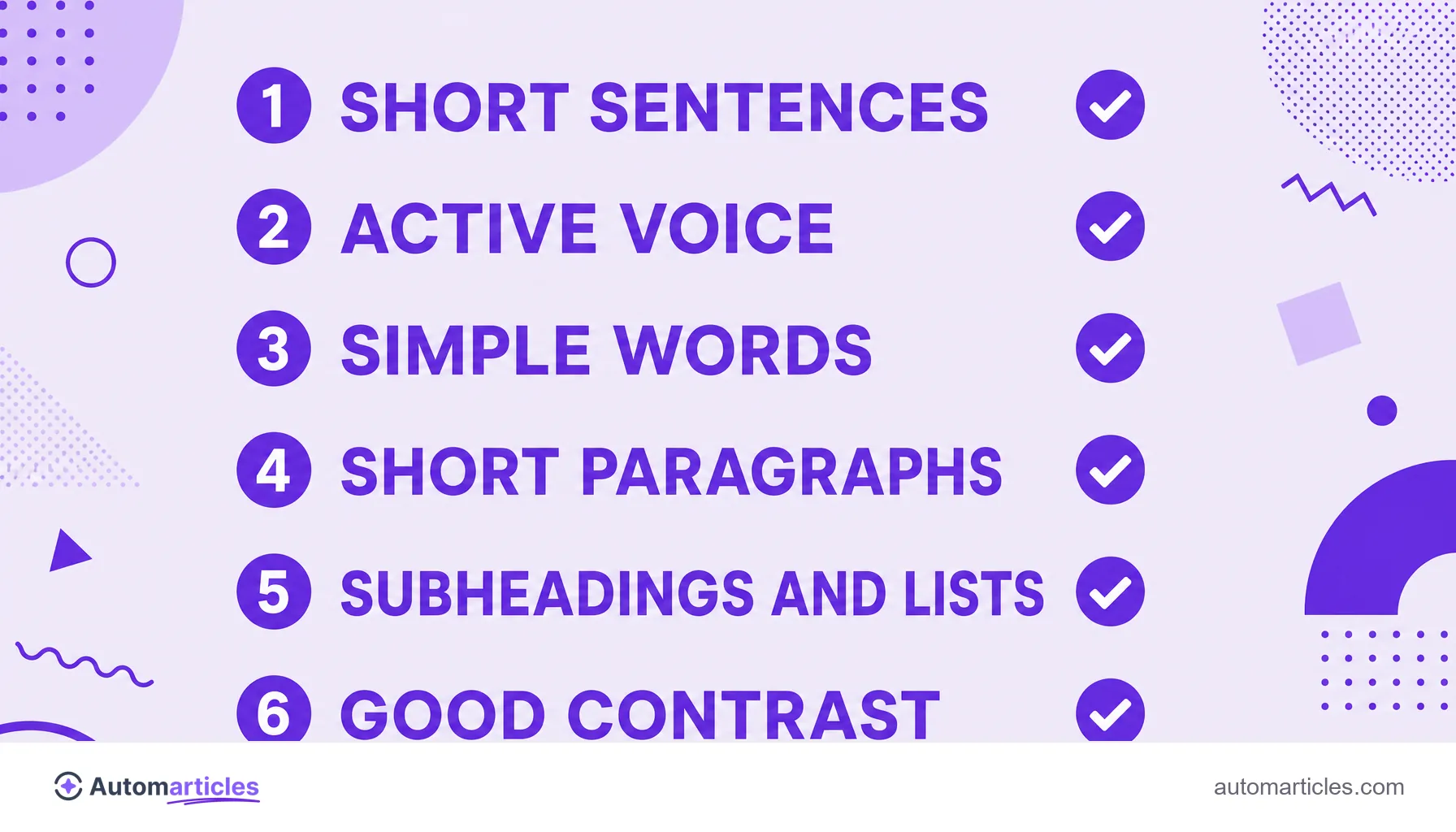 Infographic with the factors that improve readability: short sentences, active voice, simple words, short paragraphs, subheadings and lists, and good contrast.