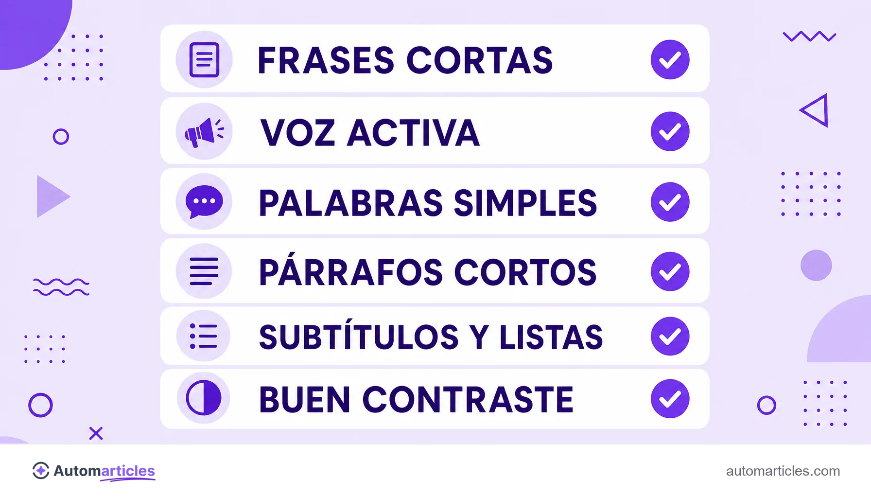 Infografía con los factores que mejoran la legibilidad: frases cortas, voz activa, palabras simples, párrafos cortos, subtítulos y listas, y buen contraste.