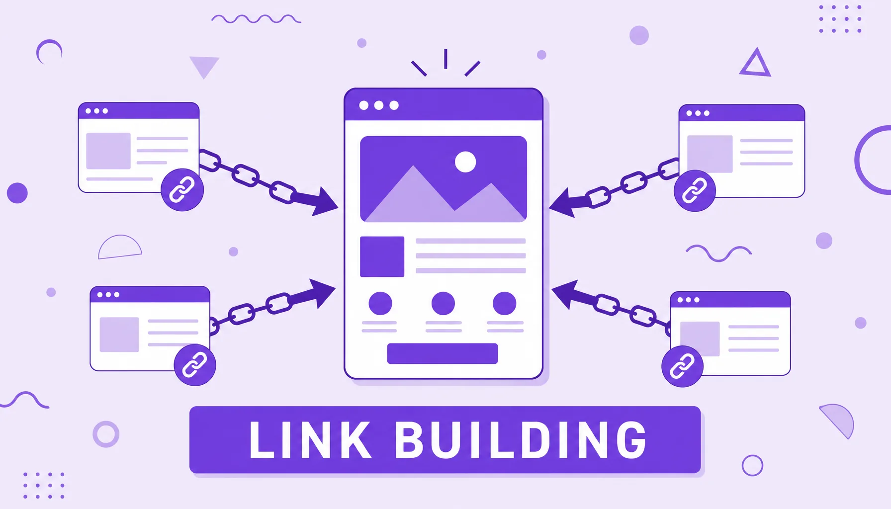 Illustration of several sites sending links and arrows to a central highlighted site, representing link building.