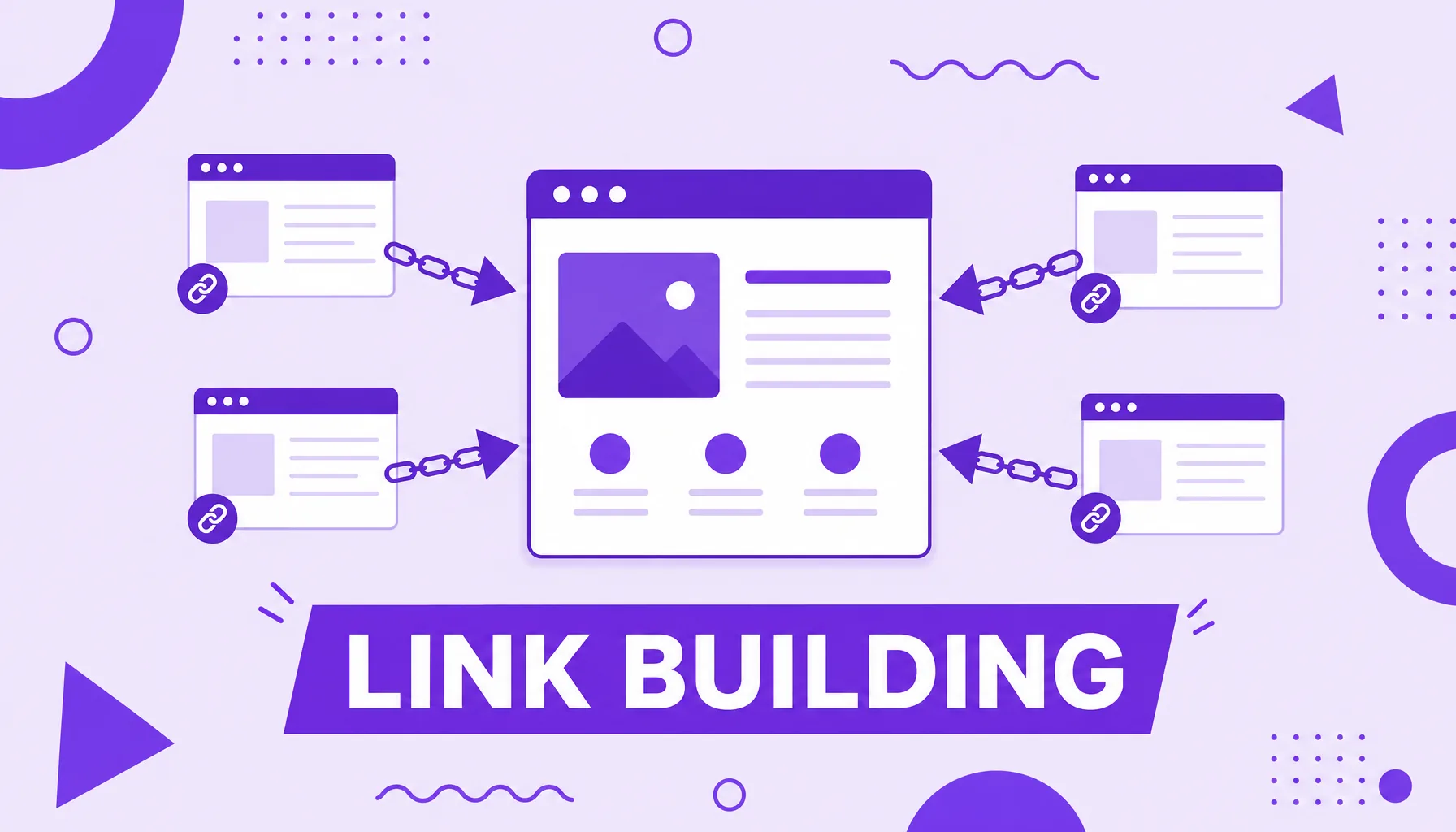 Ilustración de varios sitios que envían enlaces y flechas a un sitio central destacado, que representa el link building.