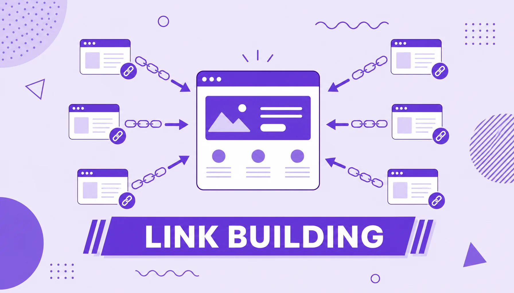 Ilustração de vários sites enviando links e setas para um site central em destaque, representando o link building.
