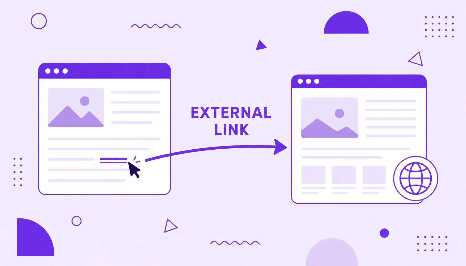 Illustration of a website connected by a link arrow to another website marked with a globe, representing an external link to another domain.