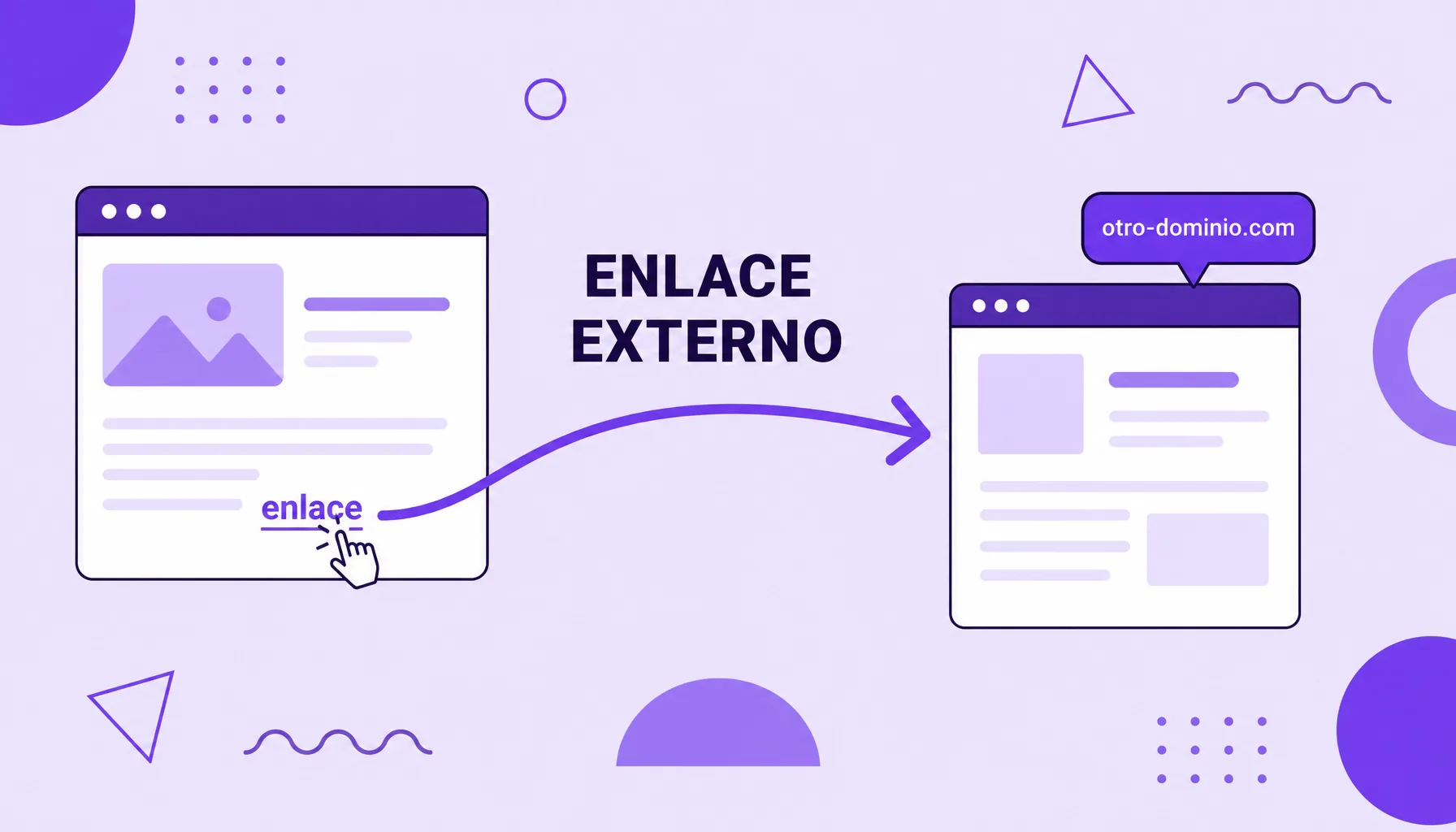 Ilustración de un sitio web conectado por una flecha de enlace a otro sitio marcado con un globo, que representa un enlace externo hacia otro dominio.