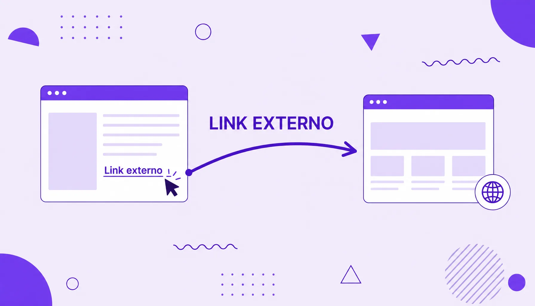 Ilustração de um site conectado por uma seta de link a outro site marcado com um globo, representando um link externo para outro domínio.