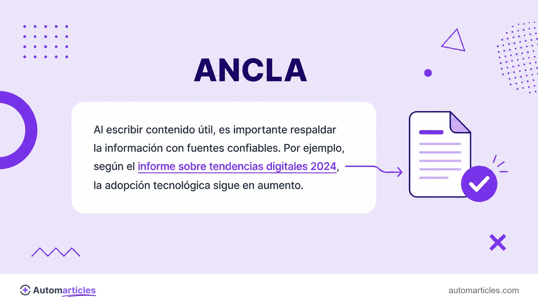 Ilustración de un párrafo con un ancla de enlace subrayada que apunta a una fuente fiable con sello de aprobación, que representa un buen enlace externo.