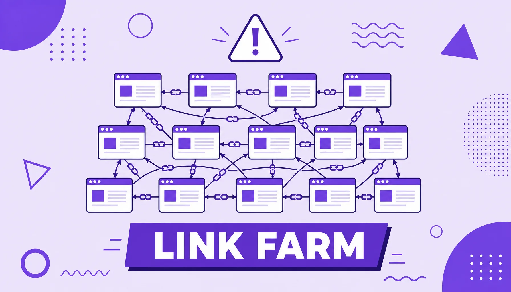 Illustration of several small site windows arranged like a plantation and connected by a tangle of links, representing a link farm.