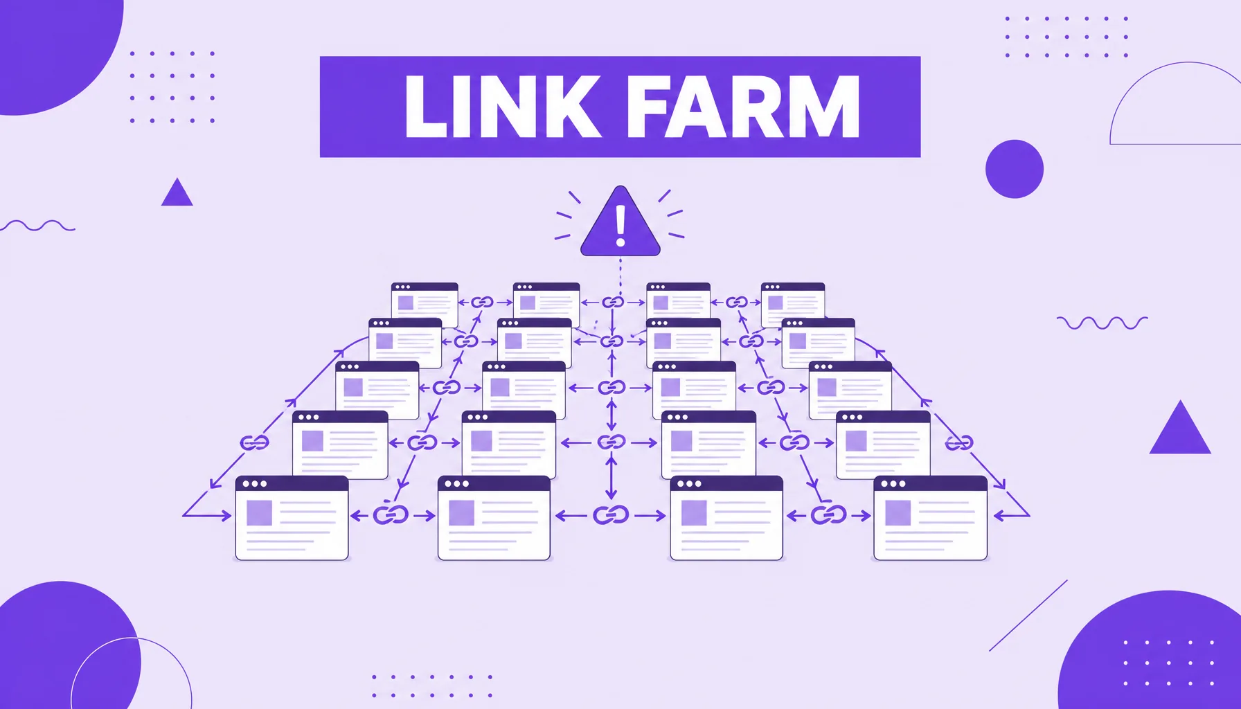 Ilustración de varias pequeñas ventanas de sitio dispuestas como una plantación y conectadas por una maraña de enlaces, que representa la link farm.