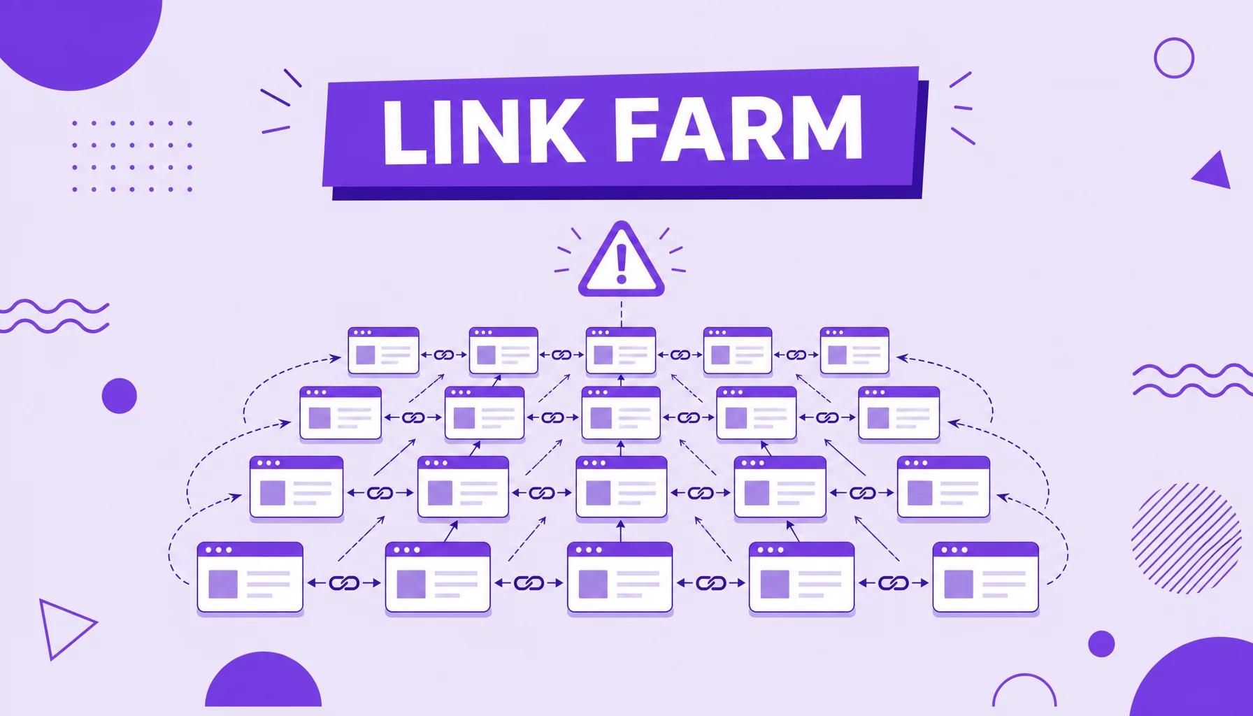 Ilustração de várias pequenas janelas de site dispostas como uma plantação e conectadas por um emaranhado de links, representando a link farm.