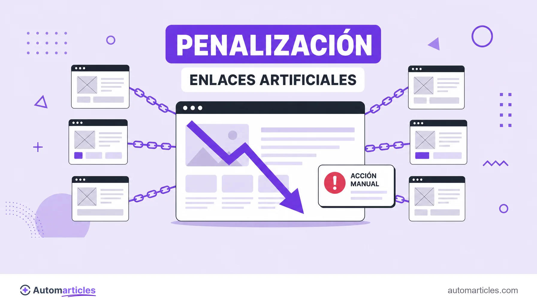 Ilustración de un sitio que se desploma en el ranking por culpa de enlaces artificiales que vienen de una granja de enlaces.