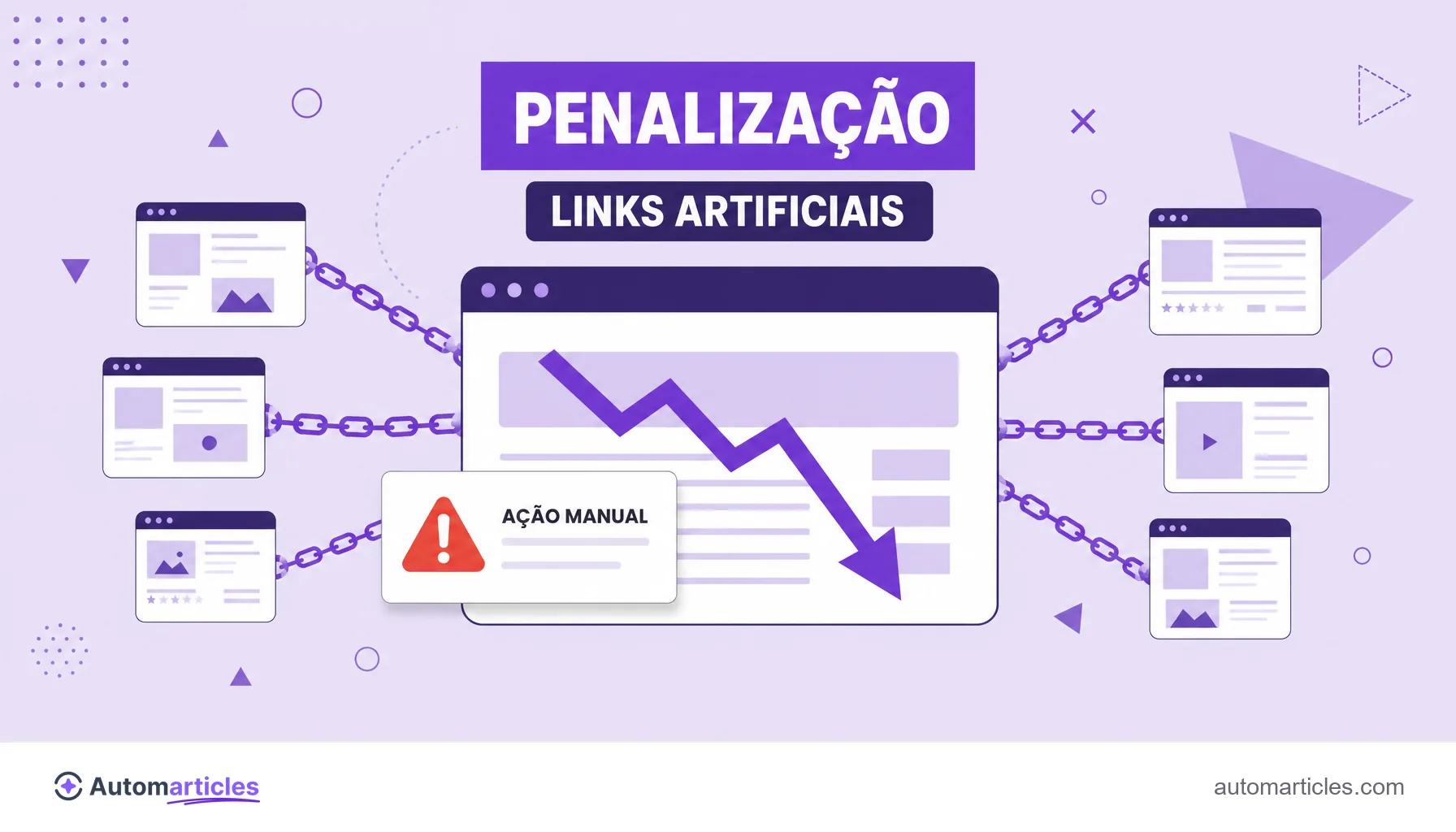 Ilustração de um site despencando no ranking por causa de links artificiais vindos de uma fazenda de links.