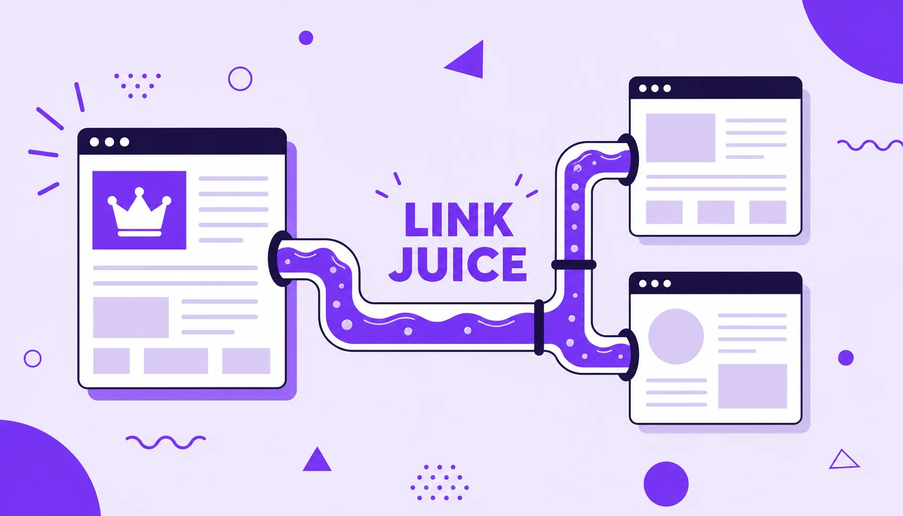 Illustration of pages connected by pipes with purple liquid running between them, representing link juice.