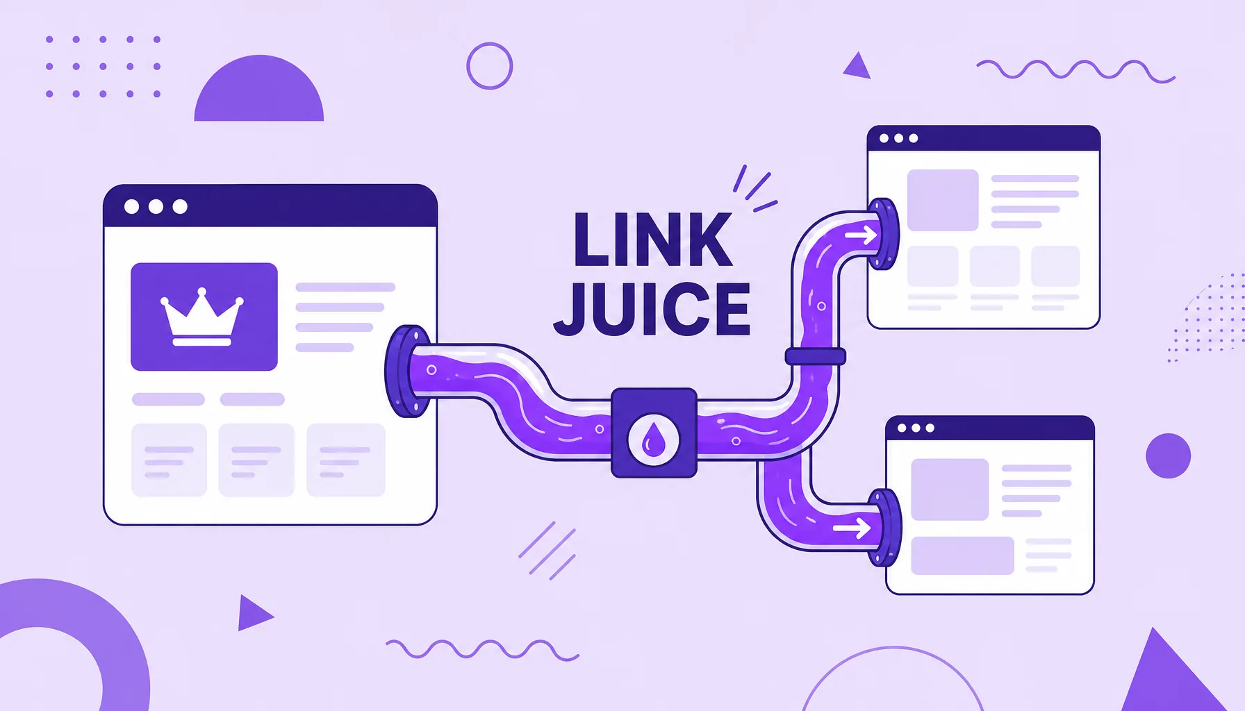 Ilustración de páginas conectadas por tuberías con líquido morado corriendo entre ellas, que representa el link juice.