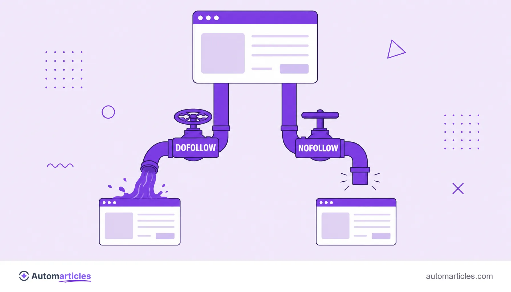 Illustration comparing a dofollow link that lets authority pass with a nofollow link that blocks it.