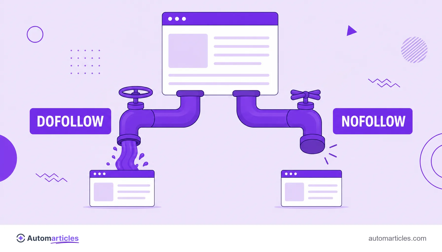 Ilustração comparando um link dofollow que deixa a autoridade passar com um link nofollow que a bloqueia.