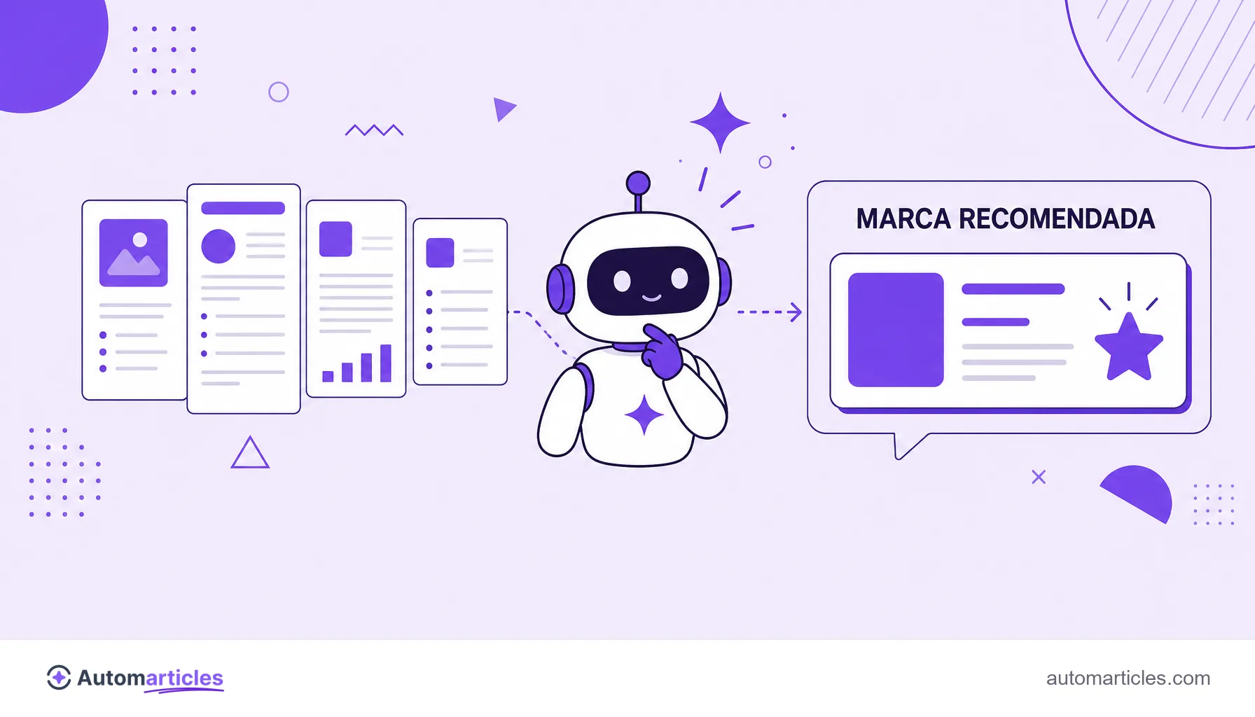 Ilustração de uma IA lendo várias fontes e recomendando uma marca em destaque na resposta.