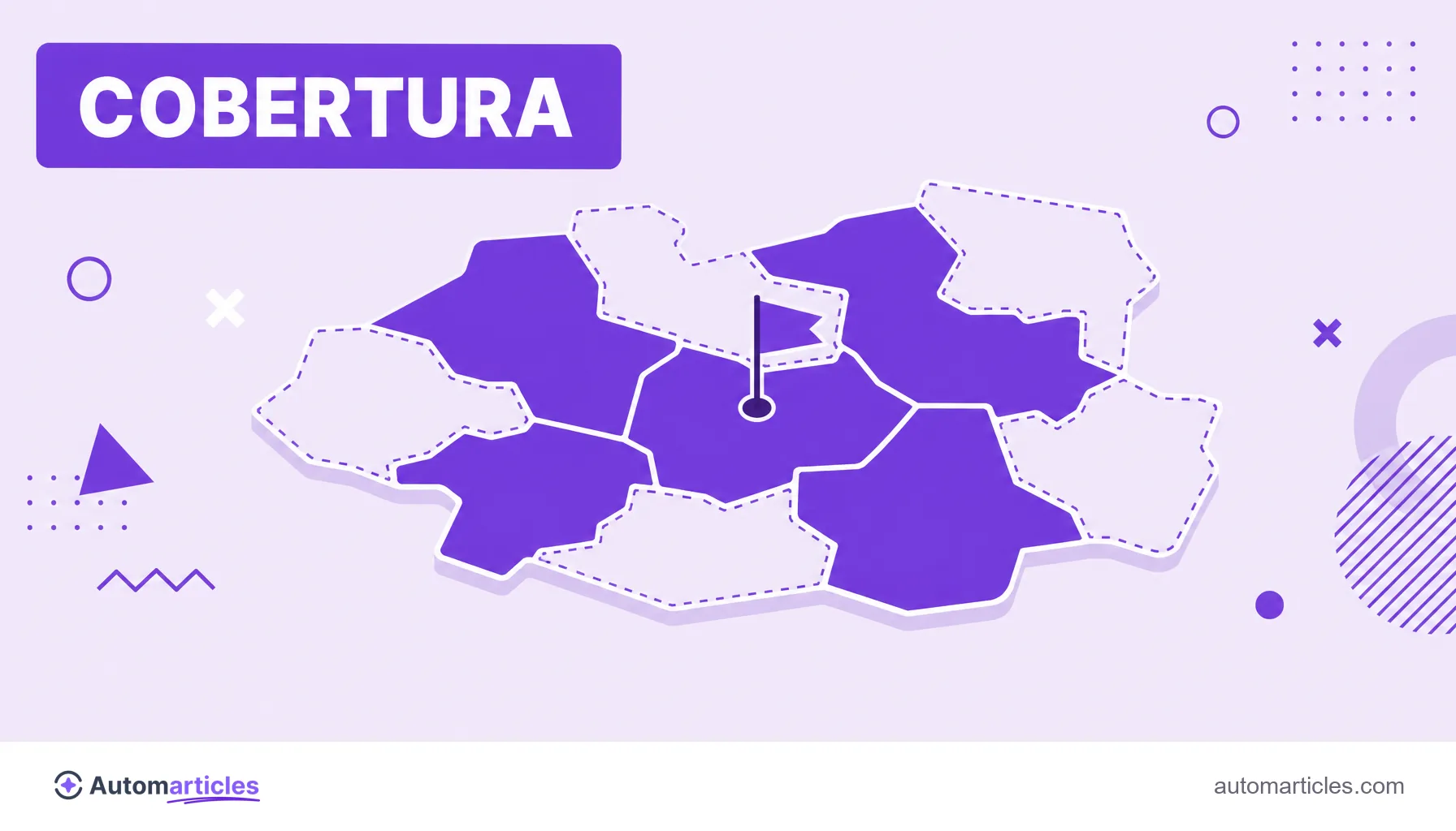 Ilustración de un mapa dividido en áreas rellenas y vacías con una bandera en el centro, que representa la cobertura de un asunto y los huecos de contenido.