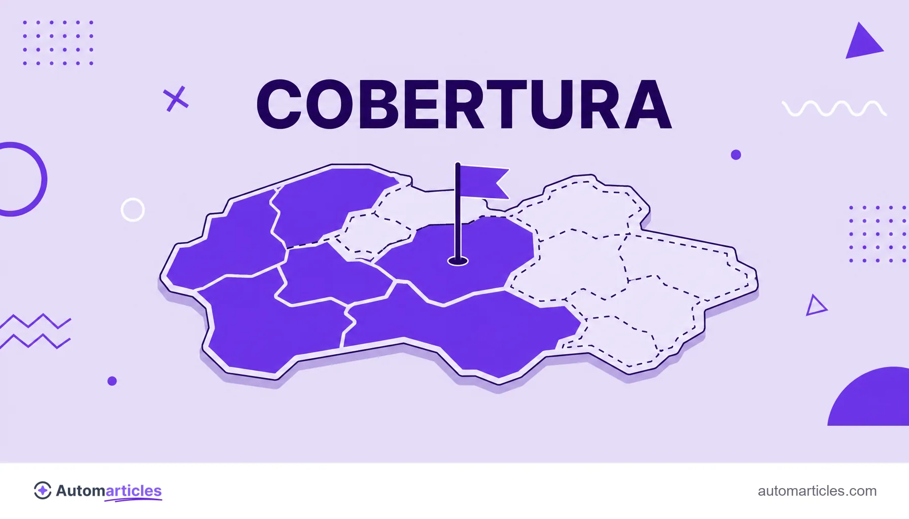 Ilustração de um mapa dividido em áreas preenchidas e vazias com uma bandeira no centro, representando a cobertura de um assunto e as lacunas de conteúdo.