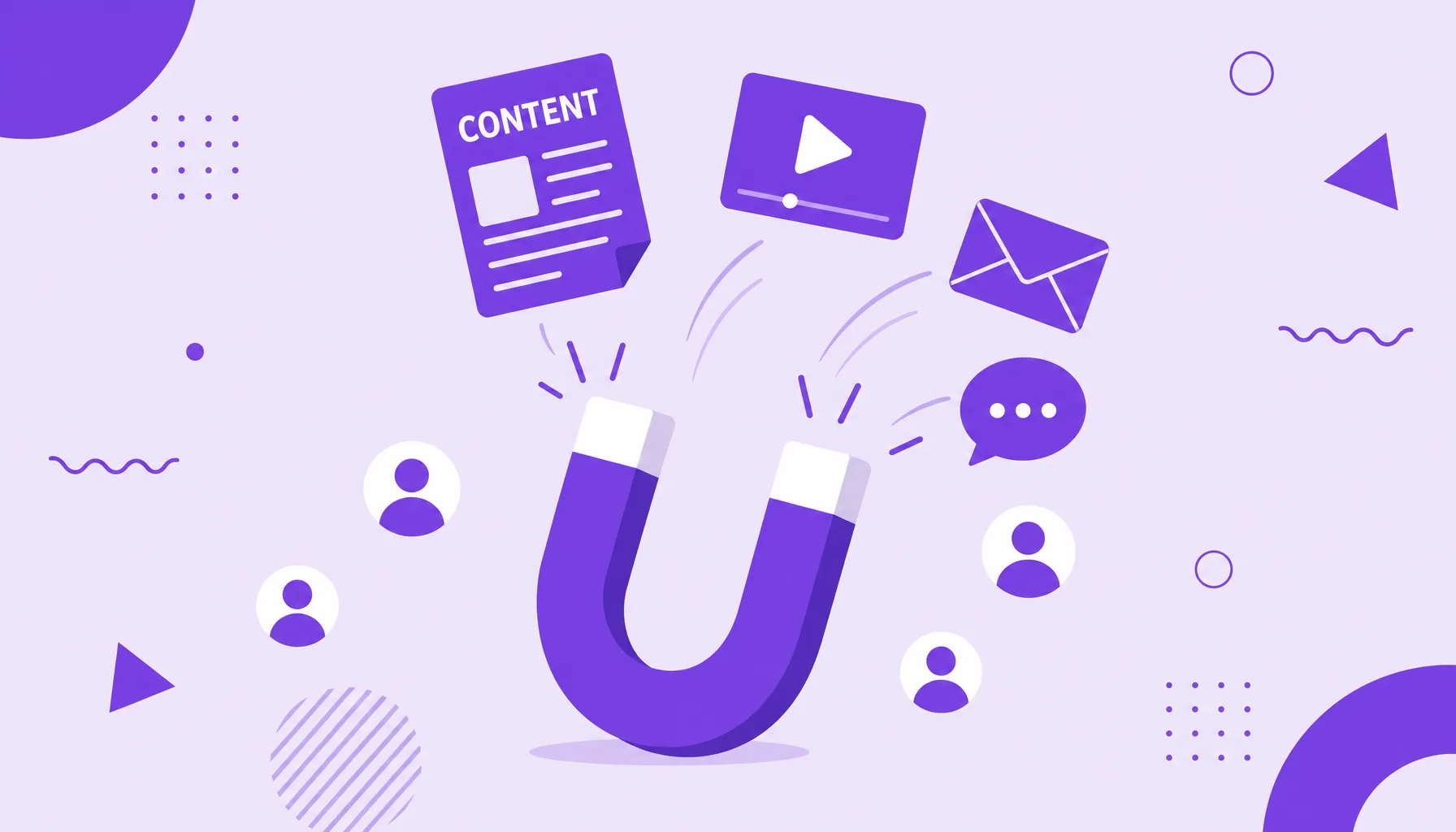 Illustration of a magnet attracting article, video, email and message icons, representing content marketing pulling in the audience.