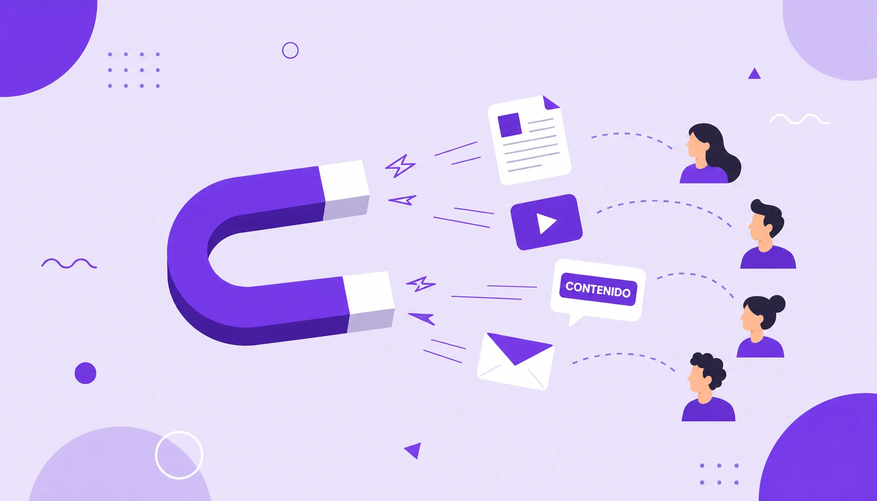 Ilustración de un imán que atrae iconos de artículo, vídeo, email y mensaje, que representa el marketing de contenidos atrayendo a la audiencia.