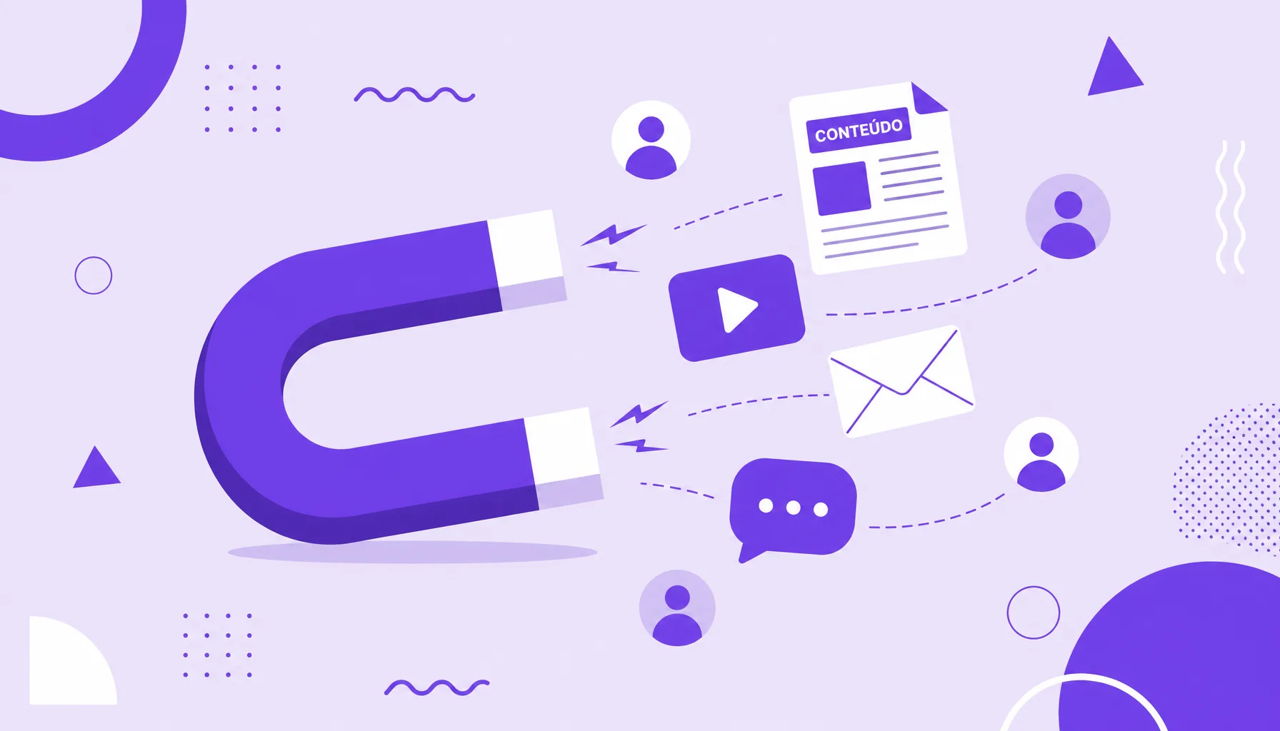 Ilustração de um ímã atraindo ícones de artigo, vídeo, e-mail e mensagem, representando o marketing de conteúdo que atrai a audiência.