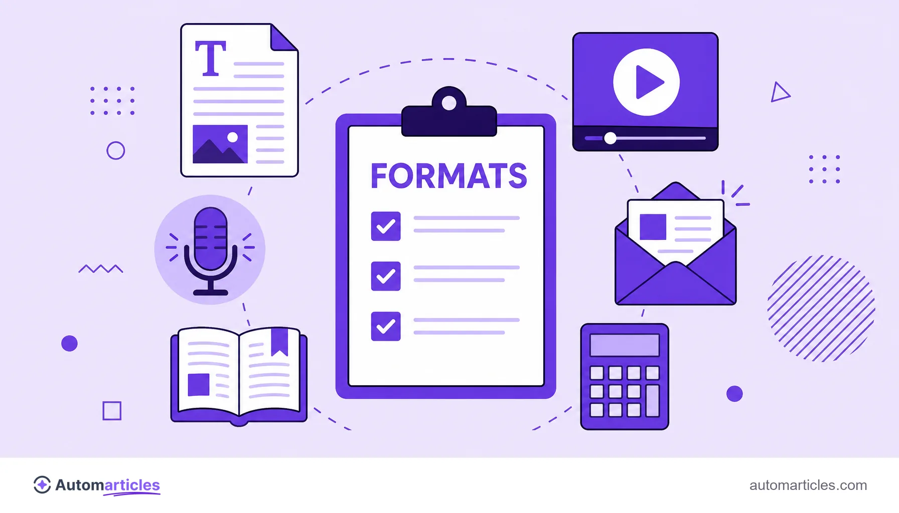 Illustration with icons of article, video, podcast, e-book, newsletter and tool, representing content marketing formats.