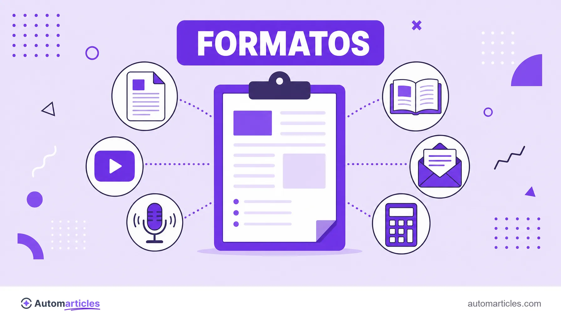 Ilustración con iconos de artículo, vídeo, pódcast, e-book, newsletter y herramienta, que representa los formatos del marketing de contenidos.